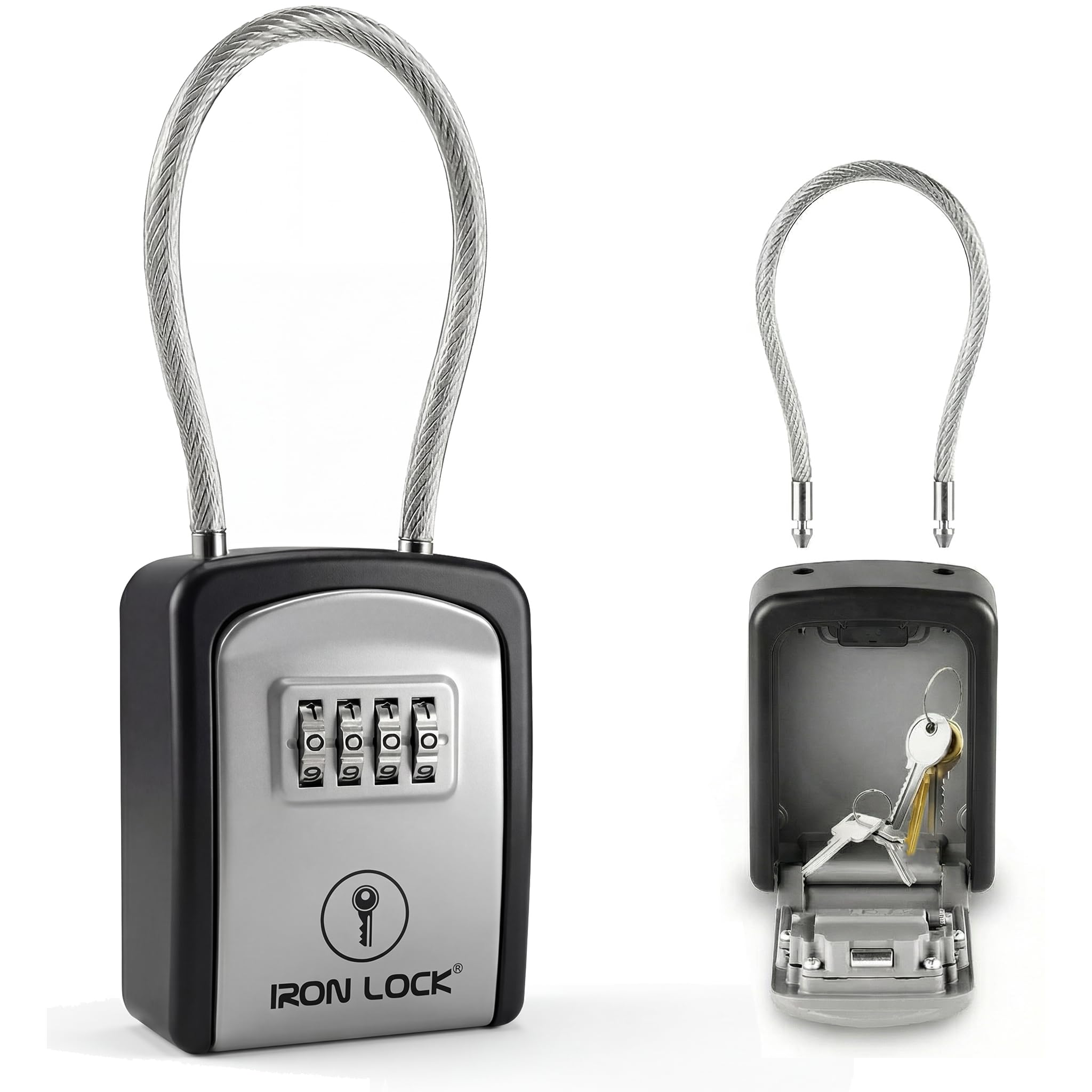 Iron Lock® Key Lock Box Portable with Cable Shackle – Small Waterproof Heavy-Duty Metal Safe with 4-Digit Combination for Spare Keys Outside on Door Knob, Fence, Pipe or Gate (Grey, Small)