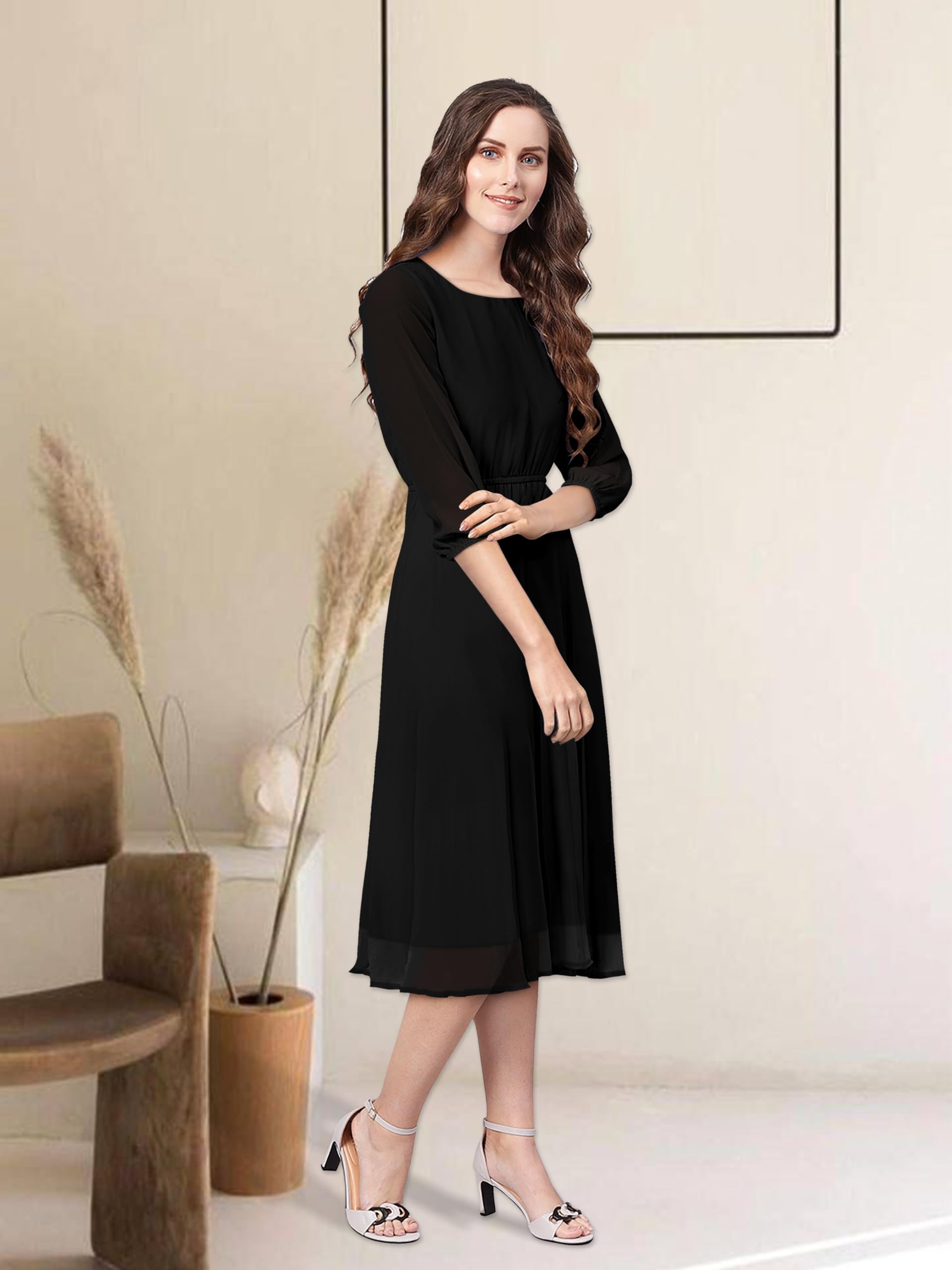 Toochki Women's Black Georgette Solid Fit & Flared Regular Fit Western Below Knee Length Kurti A Line Style Summer Wear Kurti Trendy Colour Midi Type Kurti