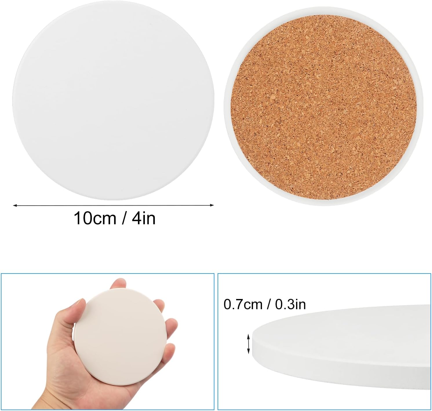 GNIEMCKIN 60 Pieces 4 Inch Round Blank Ceramic Coasters, Unglazed Ceramic Tiles Coasters, Ceramic Tiles with Cork Backing Pads for Painting, DIY Crafts, Mosaics, Circular, White.