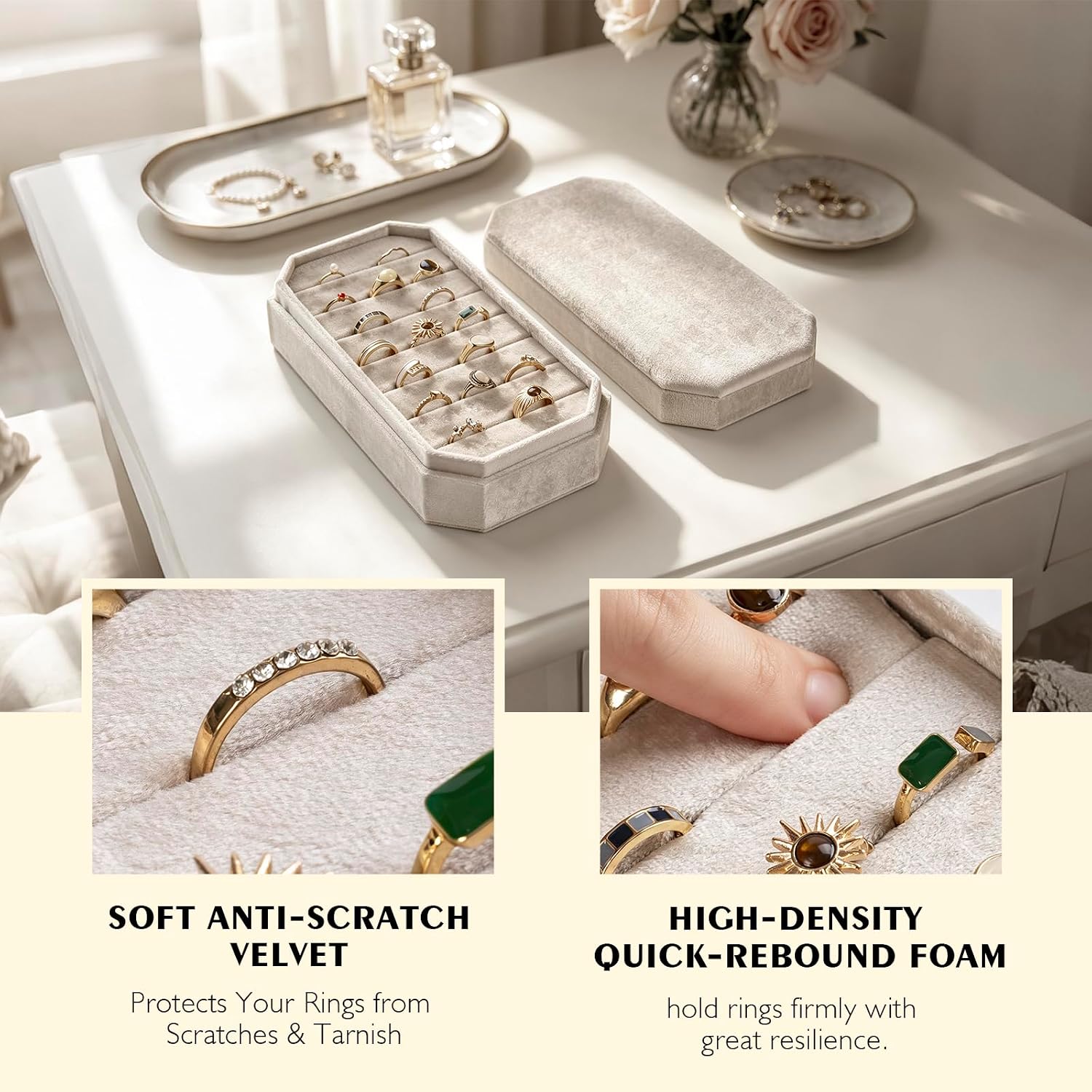 Velvet Ring Organizer Box, Hold 21 Rings Storage Case and Display Tray for Multiple Rings with Removable Lid, for Drawer, Vendors, Vanities, Gift for Women- Champagne Beige image 5
