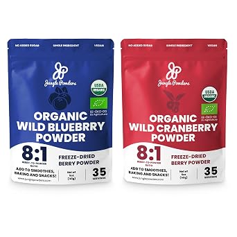 Jungle Powders Organic Wild Blueberry and Wild Cranberry Powder Duo - 5oz. Each, USDA Certified Freeze-Dried Berries for Baking, Smoothies, Additive-Free Superfood Extracts