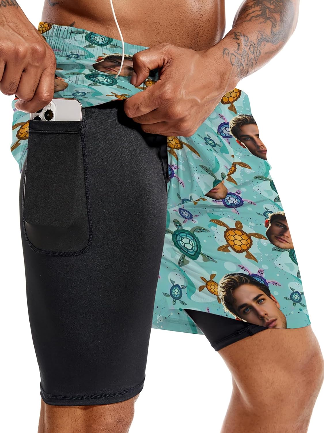 Custom Mens Swim Trunks 7" Personalized Board Shorts with Face Quick Dry Swimsuit Bathing Suit Compression Liner