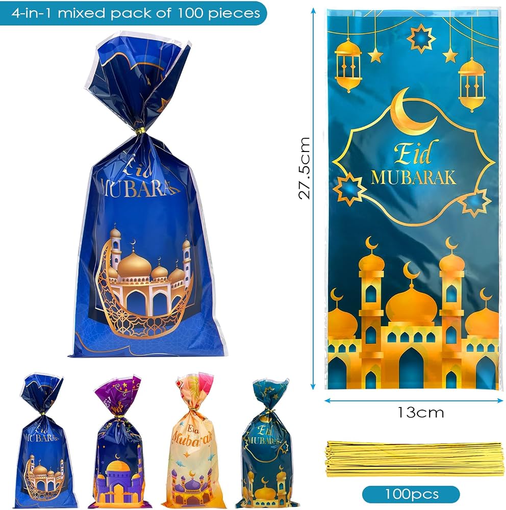 4 Sacchetti Regalo Eid Mubarak Riutilizzabili - Non Tessuti, Con Manici, 23x22x11cm, Per Feste Ramadan - 3