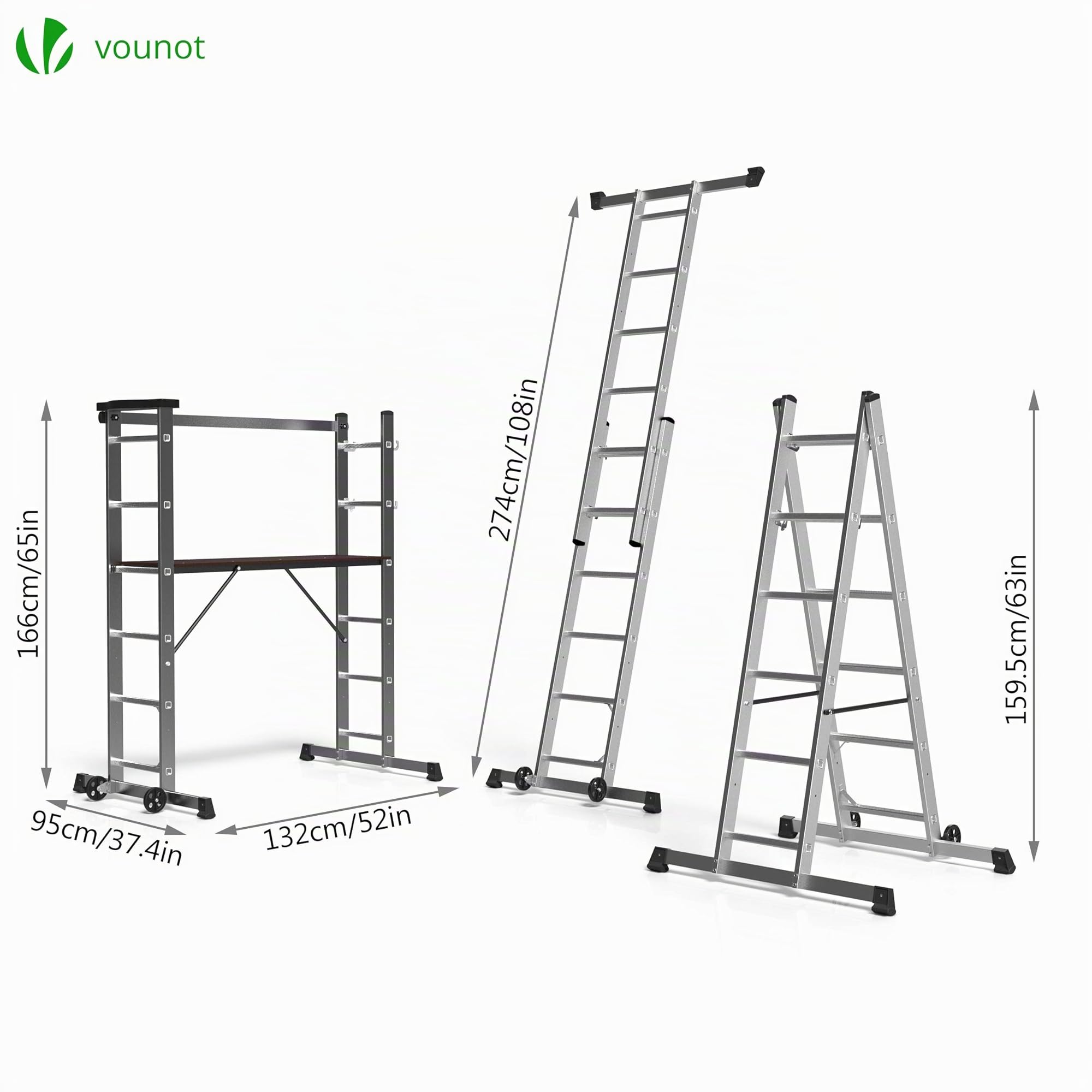 VOUNOT® 3 en 1 Andamio de Aluminio Multipropósito, Escalera Combinación y Andamio Plataforma de Trabajo, con 6 Peldaños y Ruedas, Carga máxima 150 kg, 3489481424996