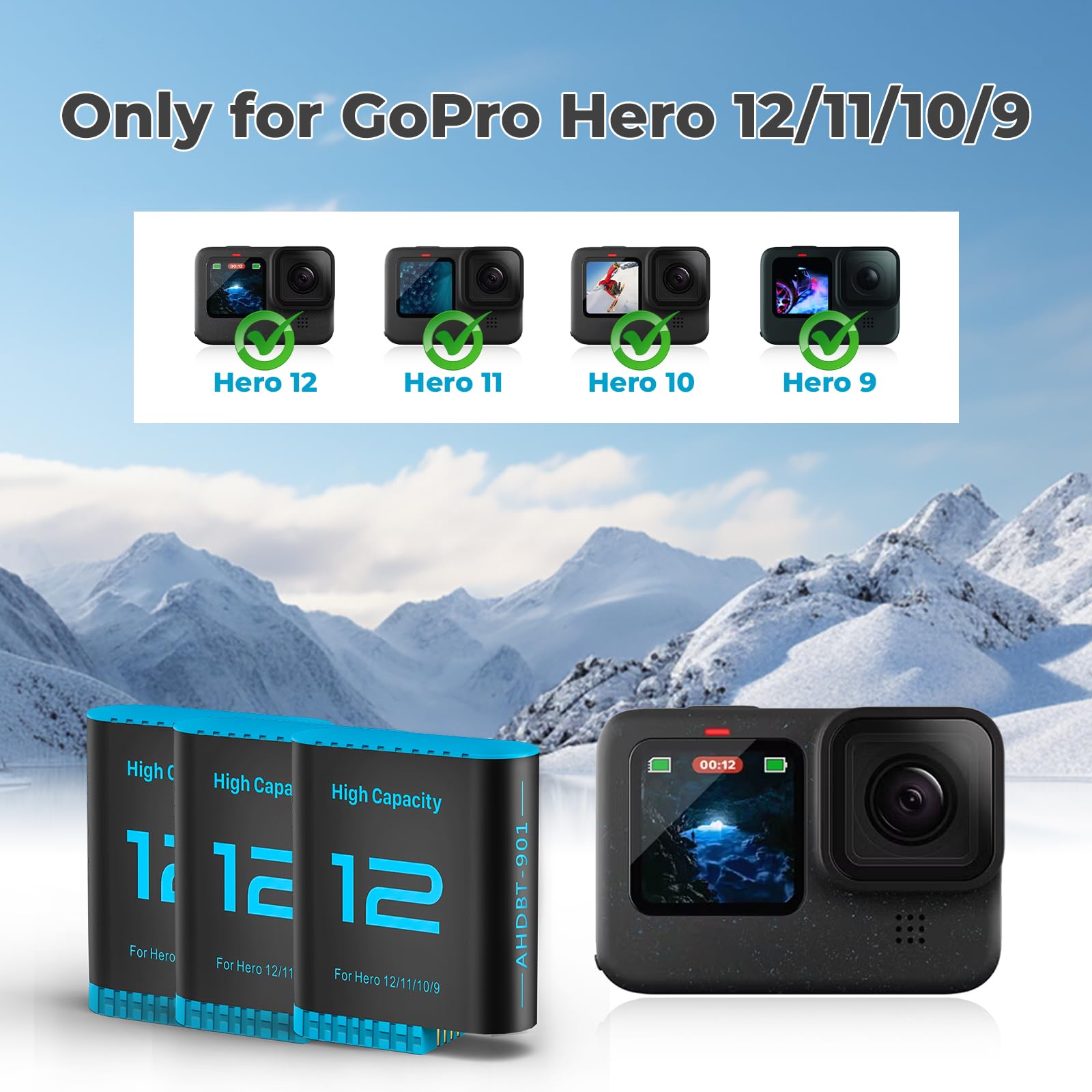 3-Stück Hero12 Akku Ladegerät Kit 2580mAh Ersatzakkus Typ-C LED Dreikanal Ladestation für GoPro Hero 12 11 10 9 Black (Ladegerät +3 Akkus)