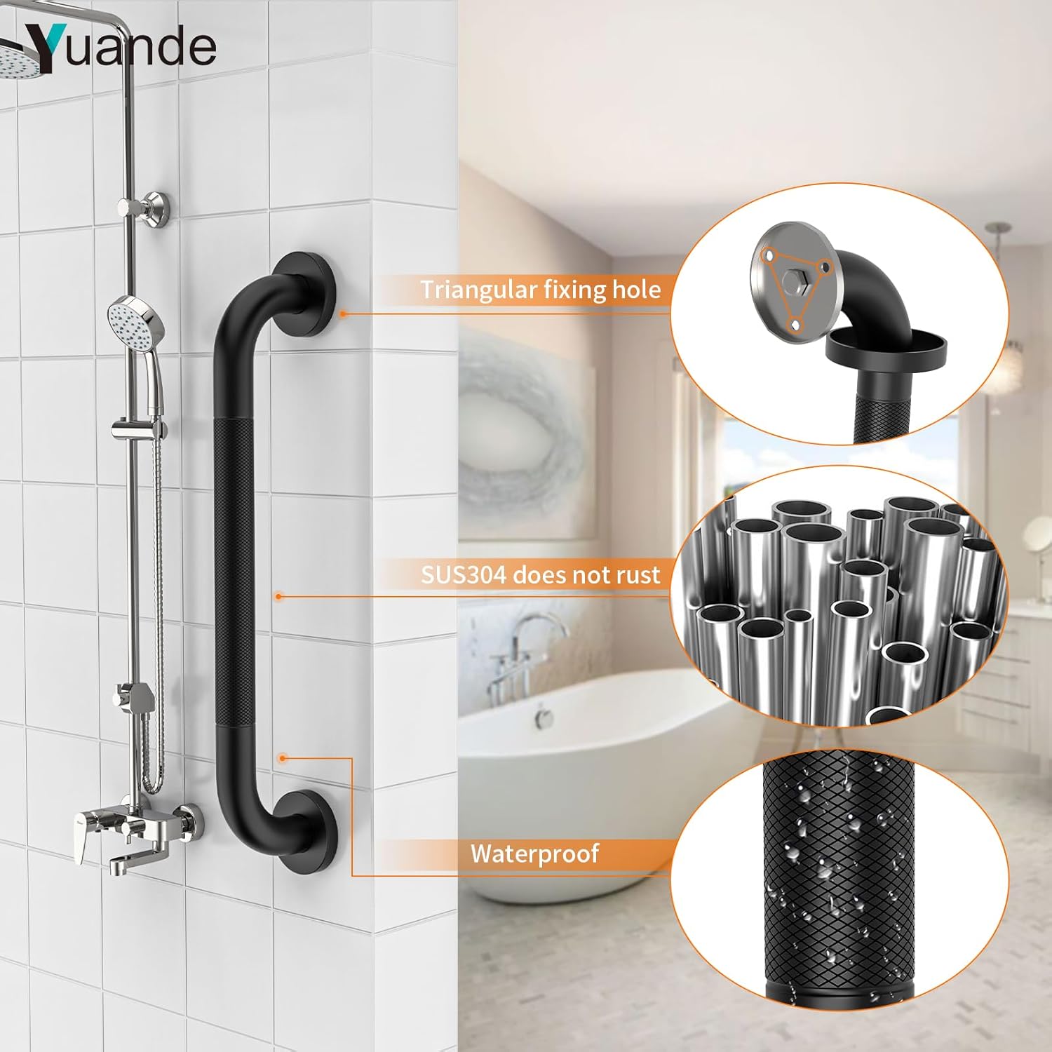4 Pack 20 Inch Shower Grab Bar, YuanDe Black Bathroom Grab Bar Handle w/Anti-Slip Knurled Grip, Stainless Steel Bath Balance Bar,1.25" Diameter Safety Hand Rail Support,Handicap Injury Elderly Senior