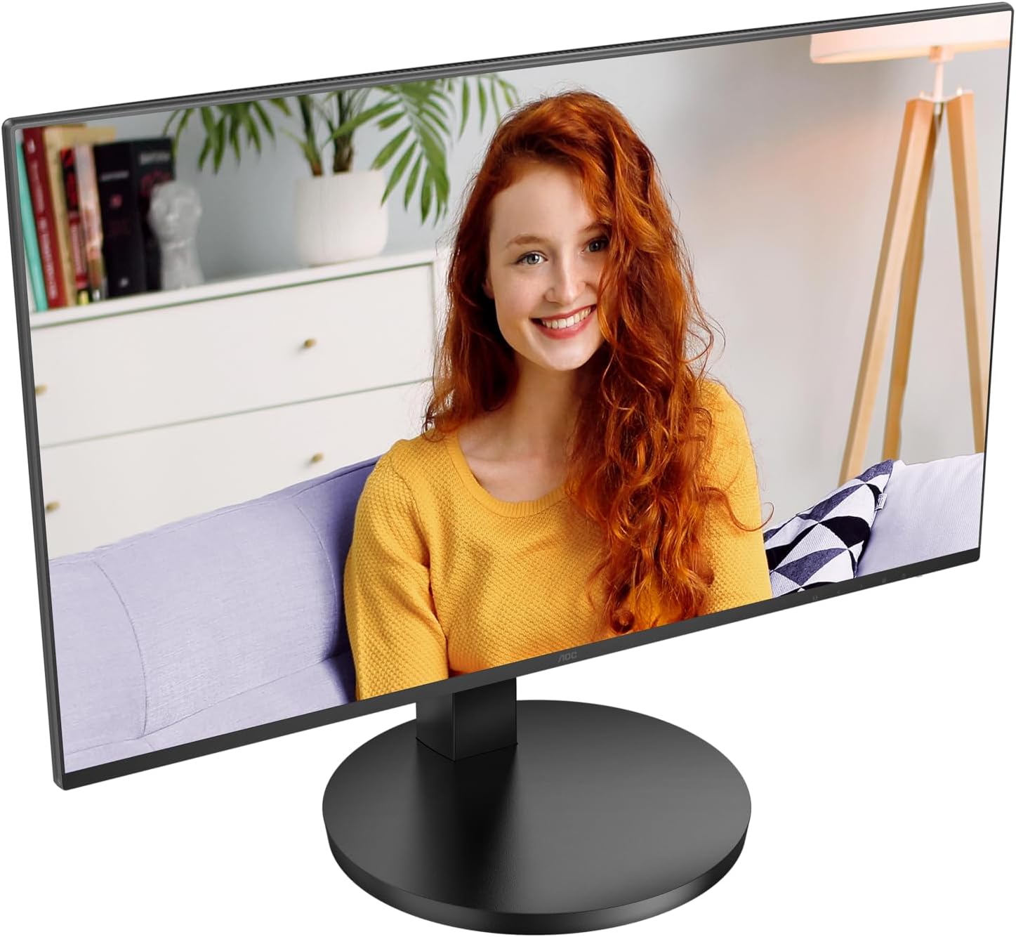 AOC Basic-line 24B3CF2 monitor displaying a smiling person, viewфронттон келген.