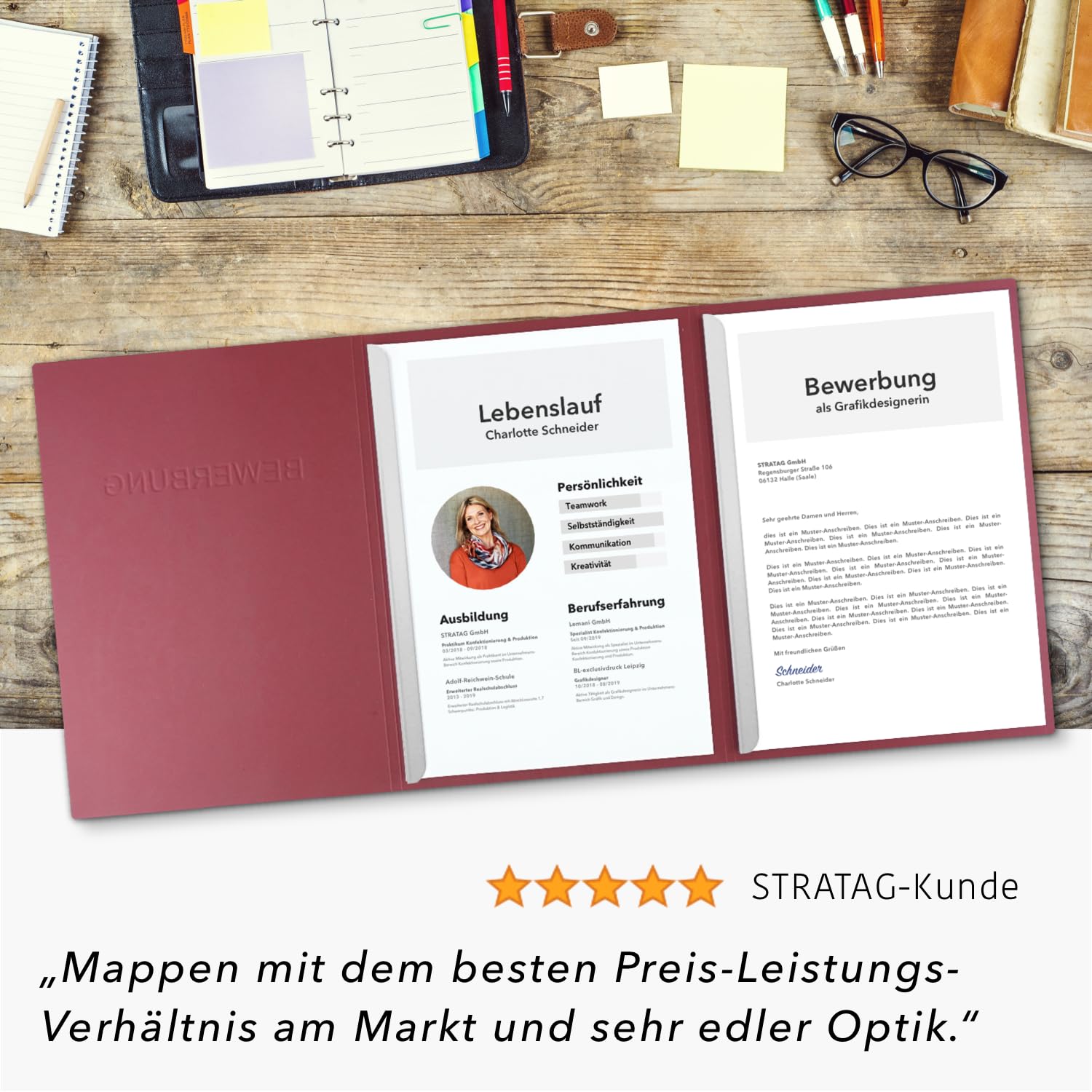 Lot de 5 chemises de candidature en 3 parties avec 2 rails de serrage dans une structure en cuir fin, qualité supérieure, avec 5 enveloppes blanches - STRATAG®