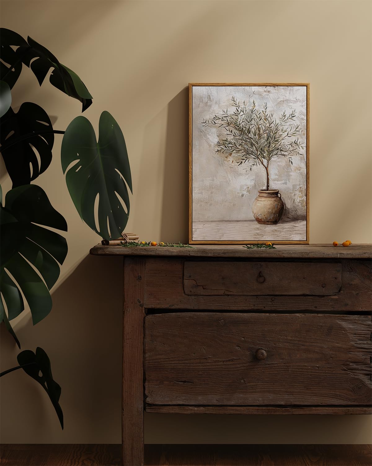 ARPEOTCY Gerahmte Leinwand-Kunstdrucke, Bauernhaus-Olivenbaum im Gefäß, Wanddekoration, Vintage-Stillleben-Kunst, Heimdekoration, botanische Gemälde für Wohnzimmer, Schlafzimmer, Büro, 30 x 40 cm