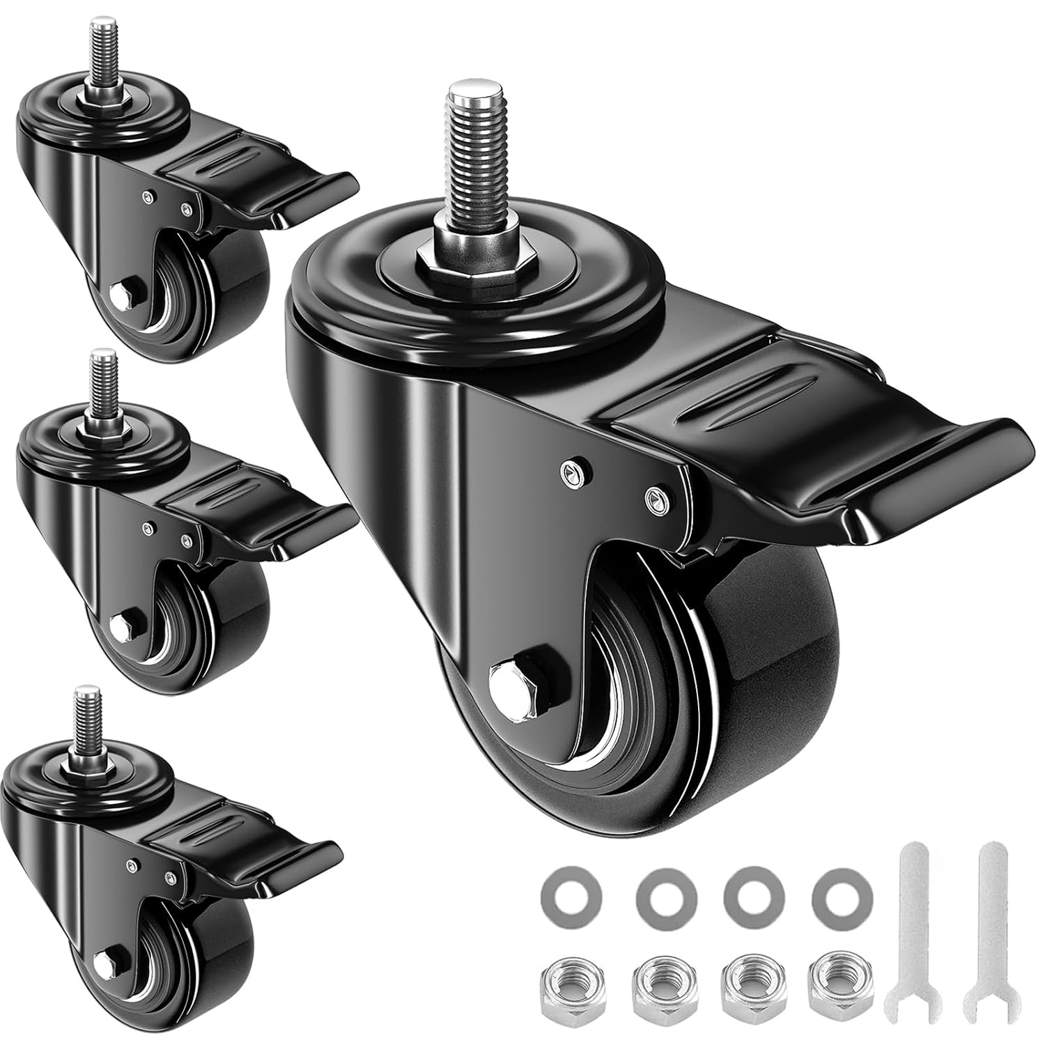 2 Inch Caster Wheels 1/4" Threaded Stem Casters Set of 4 Heavy Duty