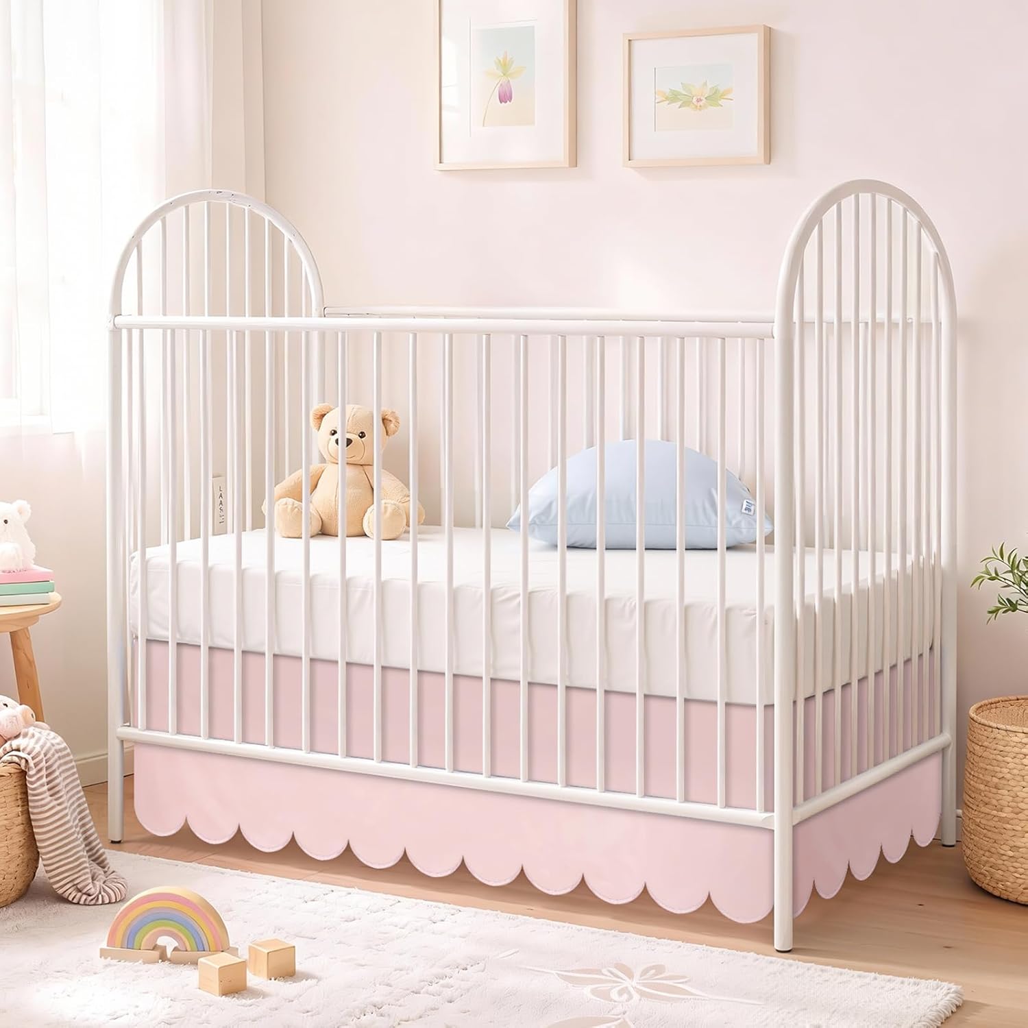 Hahafelt Scalloped Crib Skirt for Baby Girl Nursery, 28"x 52" with 14" Drop, 4-Sided Dust Ruffle, Soft Breathable Fabric, Elegant Nursery Decor, Fits Standard Crib, Pink