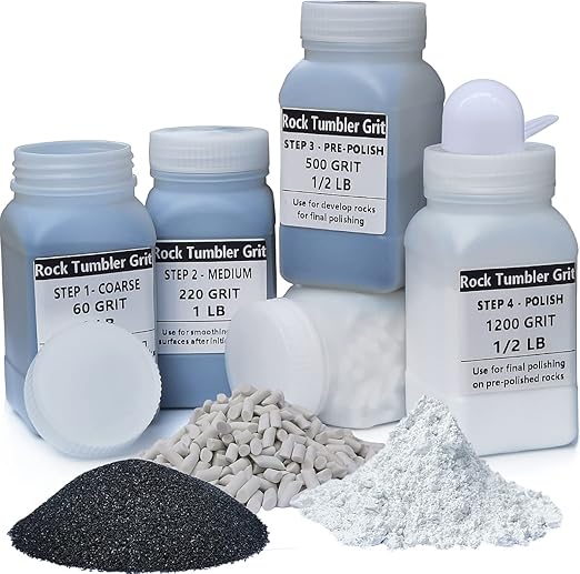 4 LBS Refill Rock Tumbler Grit Set - Includes 3 LBS 4 Step Polishing Grits + 1 LB 3/16" X 3/8" Ceramic Filler Media, Compatible with Any Brand Rock Tumbler