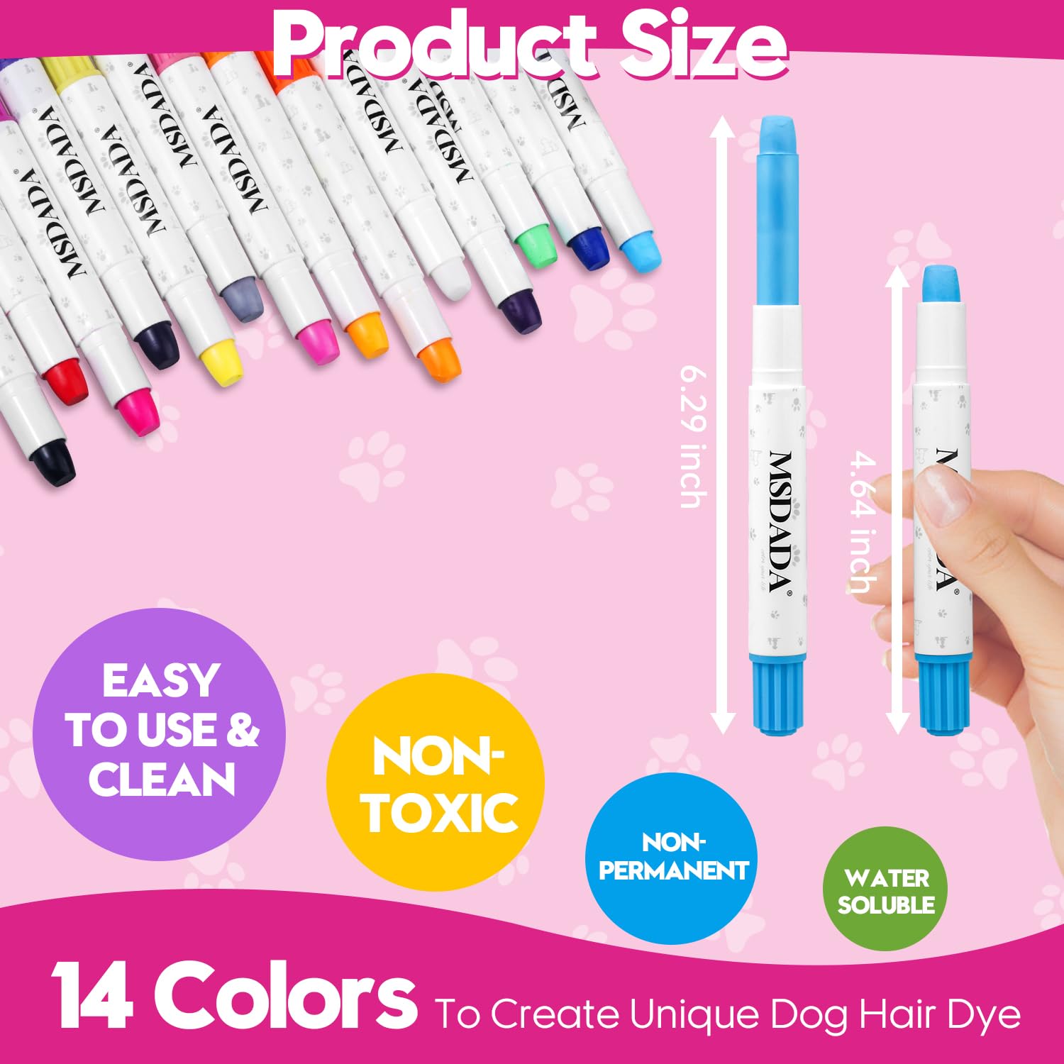 MSDADA Washable & Safe Dog Hair Dye, Temporary Pet Fur Color Markers for Small to Large Dogs, Cats, Puppies - Safe, Fun Gift for Dog & Cat Lovers (14 Pcs)