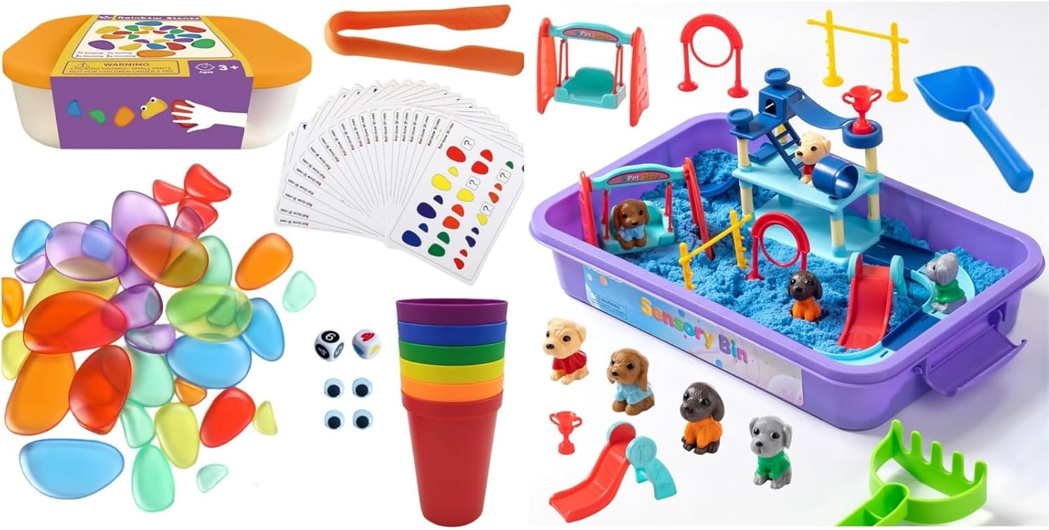 Rainbow Stacking Stones - Pet Sensory Bin,36 PCS Light Table Pebbles with Animal Sensory Sand Kit Dog Playset for Kids Sensory Learning Play