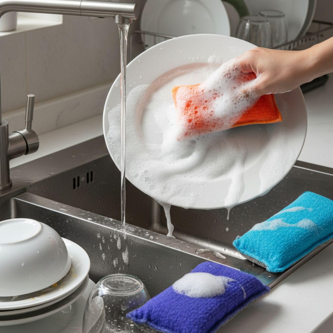 Juego de 4 esponjas lavables y reutilizables, económicas y duraderas. Doble cara: microfibra y rascadora; antiarañazos. Lavable en lavavajillas. Fabricado en Europa