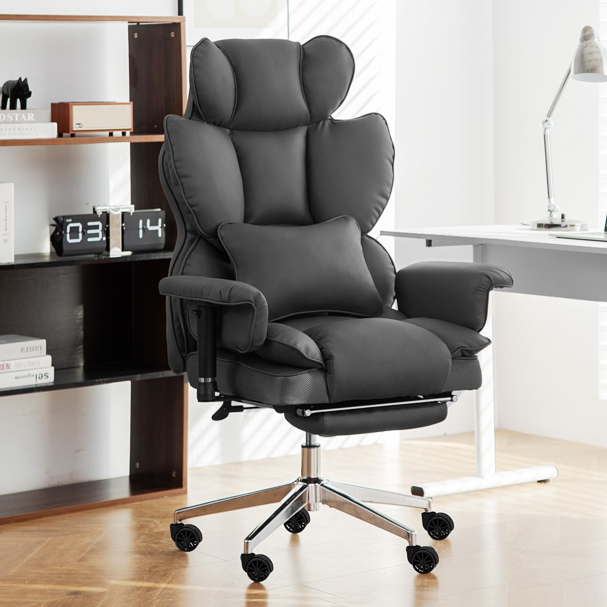 Executive Home Office Desk Chair Ergonomic Big and Tall Office Chair with Footrest, Lumbar Pillow & Adjustable Thickened Armrest, Reclining Height
