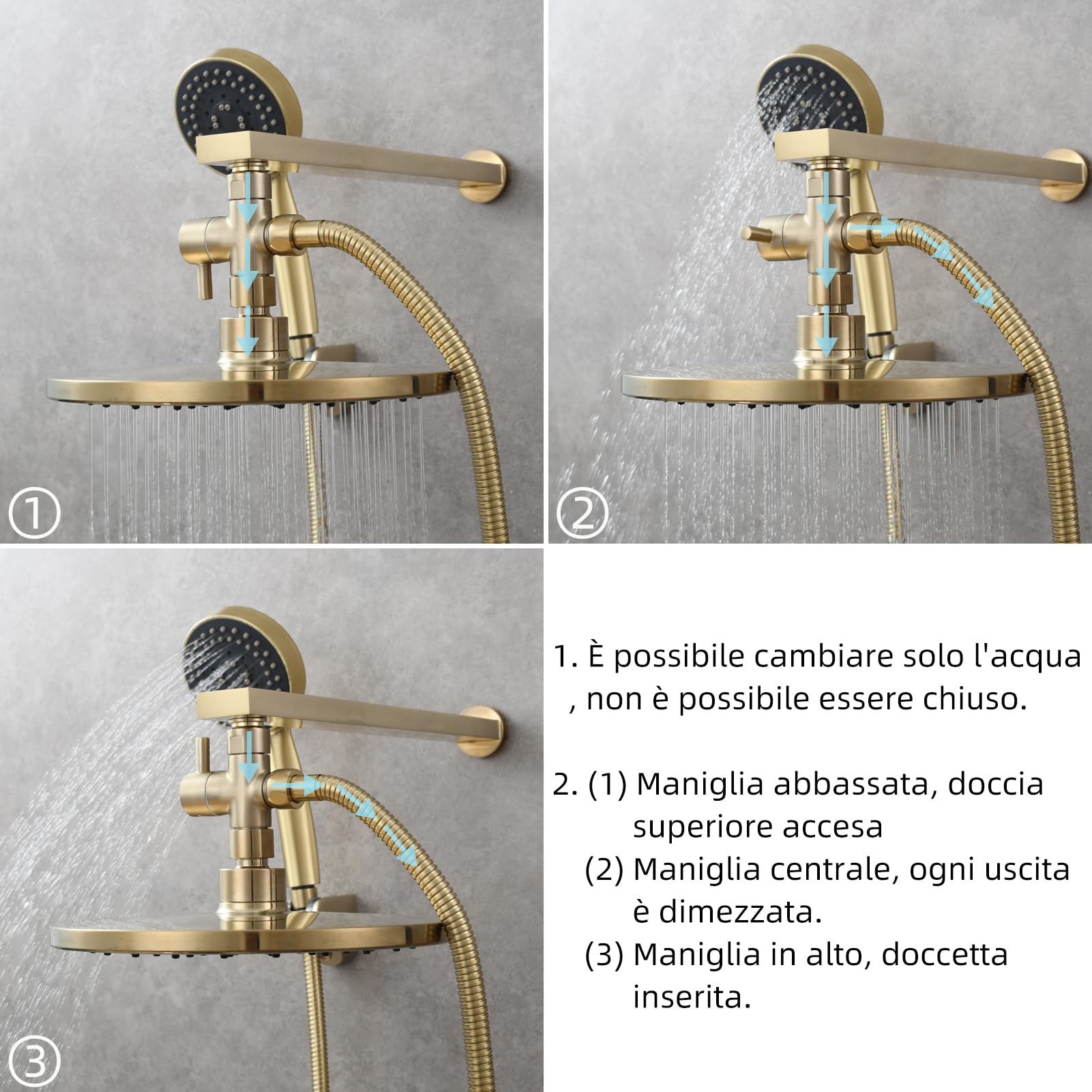 Tecmolog Deviatore Doccia in Ottone Valvola a Tre Vie 1/2" Adattatore per Soffione Doccia Oro Spazzolato, DSF007J2