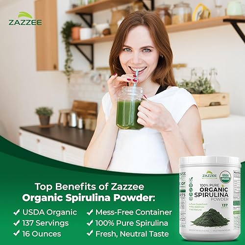 Miniatura 4 de Zazzee Polvo de espirulina orgánica, 16 onzas (1 libra), certificado USDA, 137 porciones, 100% puro, kosher, no irradiado, recipiente de boca ancha