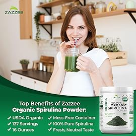 Zazzee Organic Spirulina Powder, 16 Ounces (1 LB), USDA Certified, 137 Servings, 100% Pure, Kosher, Non-Irradiated, Mess-Free Wide Mouth Container, Fresh Smell and Neutral Taste, Non-GMO, Gluten-Free