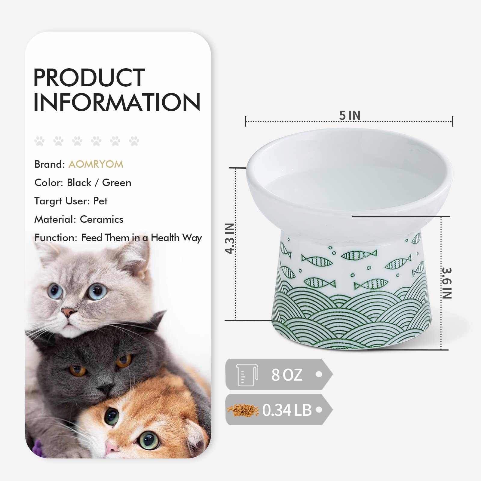 Gamelles surélevées inclinées en céramique pour chat et petit chien, sans stress, prévention du refoulement, protection de la colonne vertébrale du chat, sans plomb et cadmium, 12,7 cm de large, vert