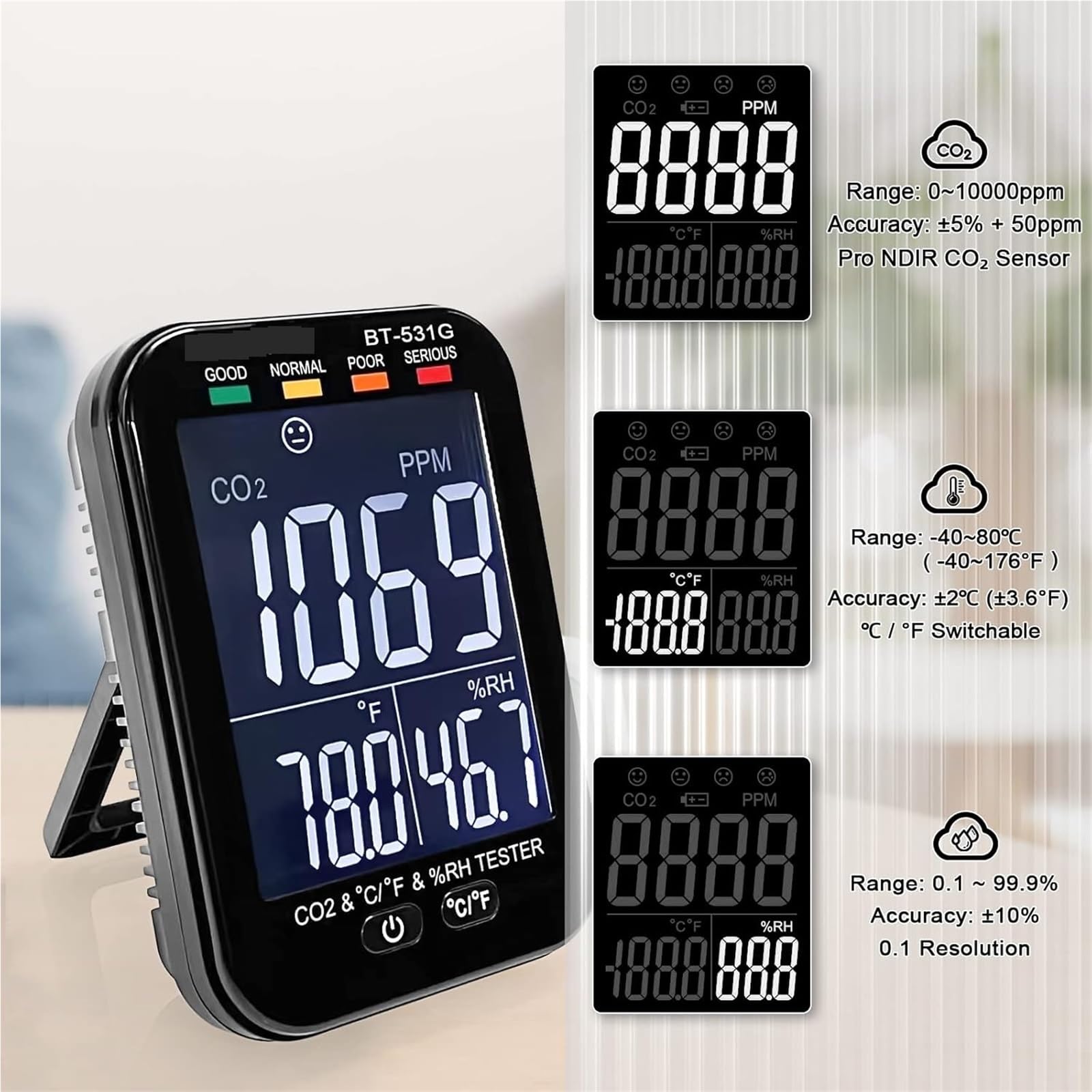 Detector de Gases, Monitor de Calidad del Aire CO2, Mide dióxido Carbono, Humedad y Temperatura en Interiores