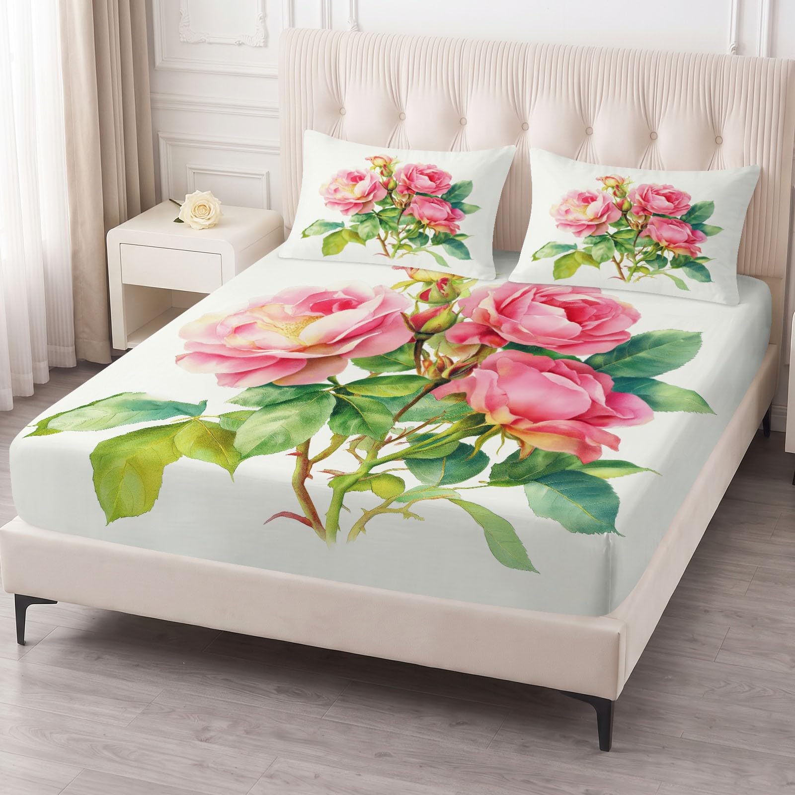 Sábana bajera ajustable para niños y niñas, 90 x 200 cm, color blanco, hojas de rosas y ramas, de acuarela, decorativa, suave y no necesita planchado, transpirable, de microfibra, hipoalergénica, para