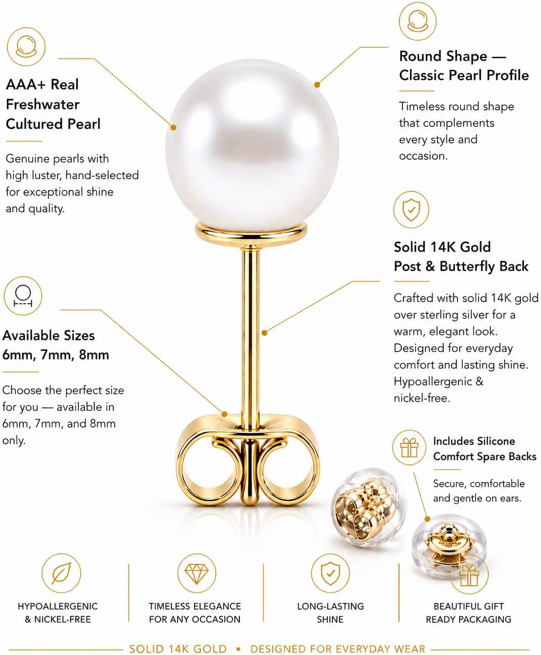 14k Gold Pearl Stud Earrings | Pearl And Gold Stud Earrings | Hypoallergenic | For Sensitive Ears Women | Real Gold Earrings For Women