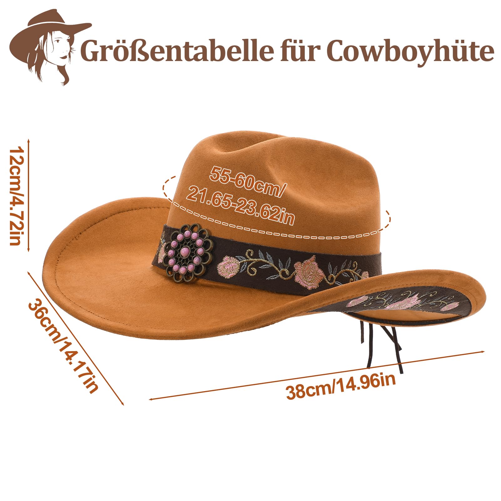 Utensilsto Western-Cowboyhut für Damen mit breiter Krempe und Stickerei