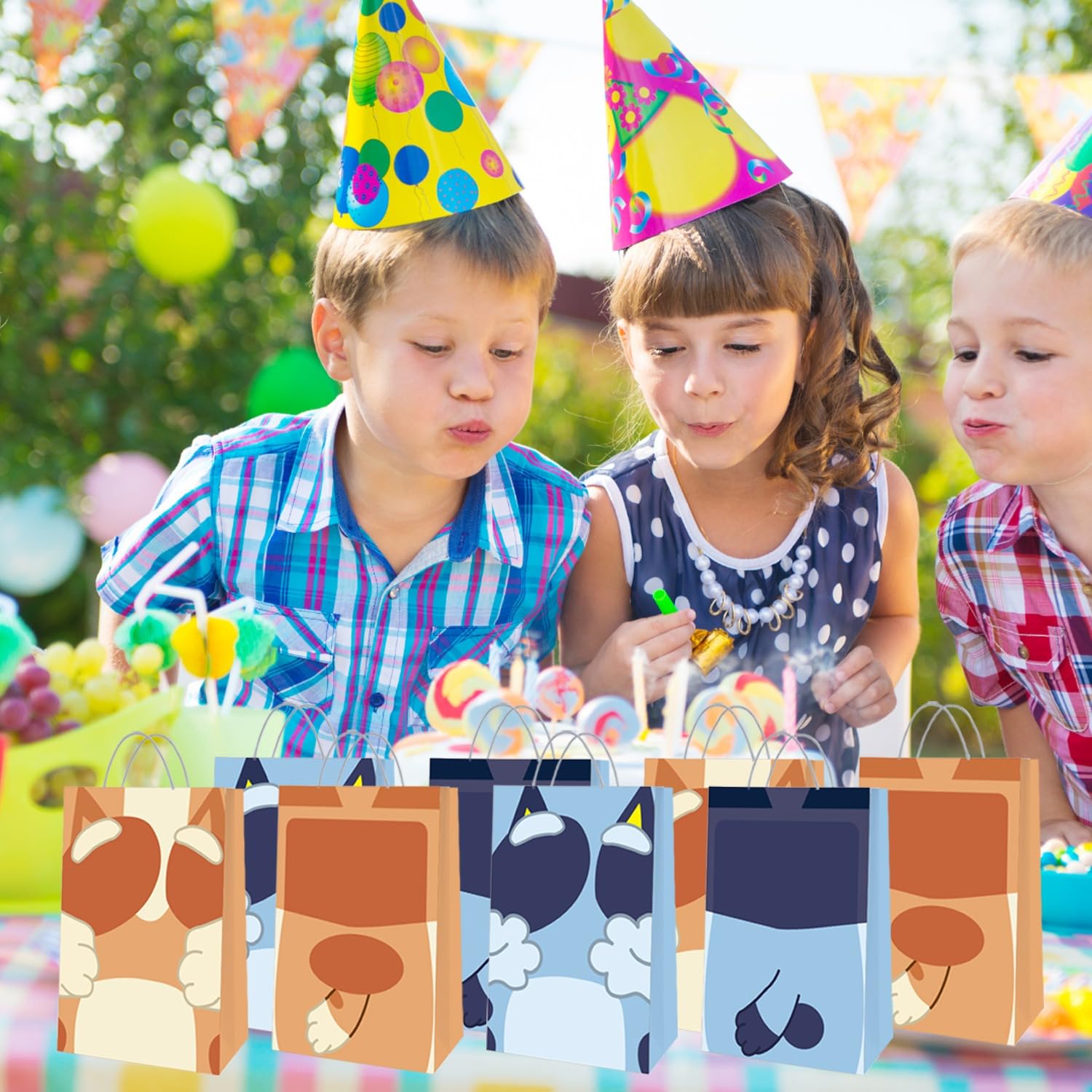 HANEI 36 Pcs Blue Dog Birthday Party Supplies - 18 Goodie Bags and 18 Blue Dog & Friends Paper Crowns Headbands Party Favors