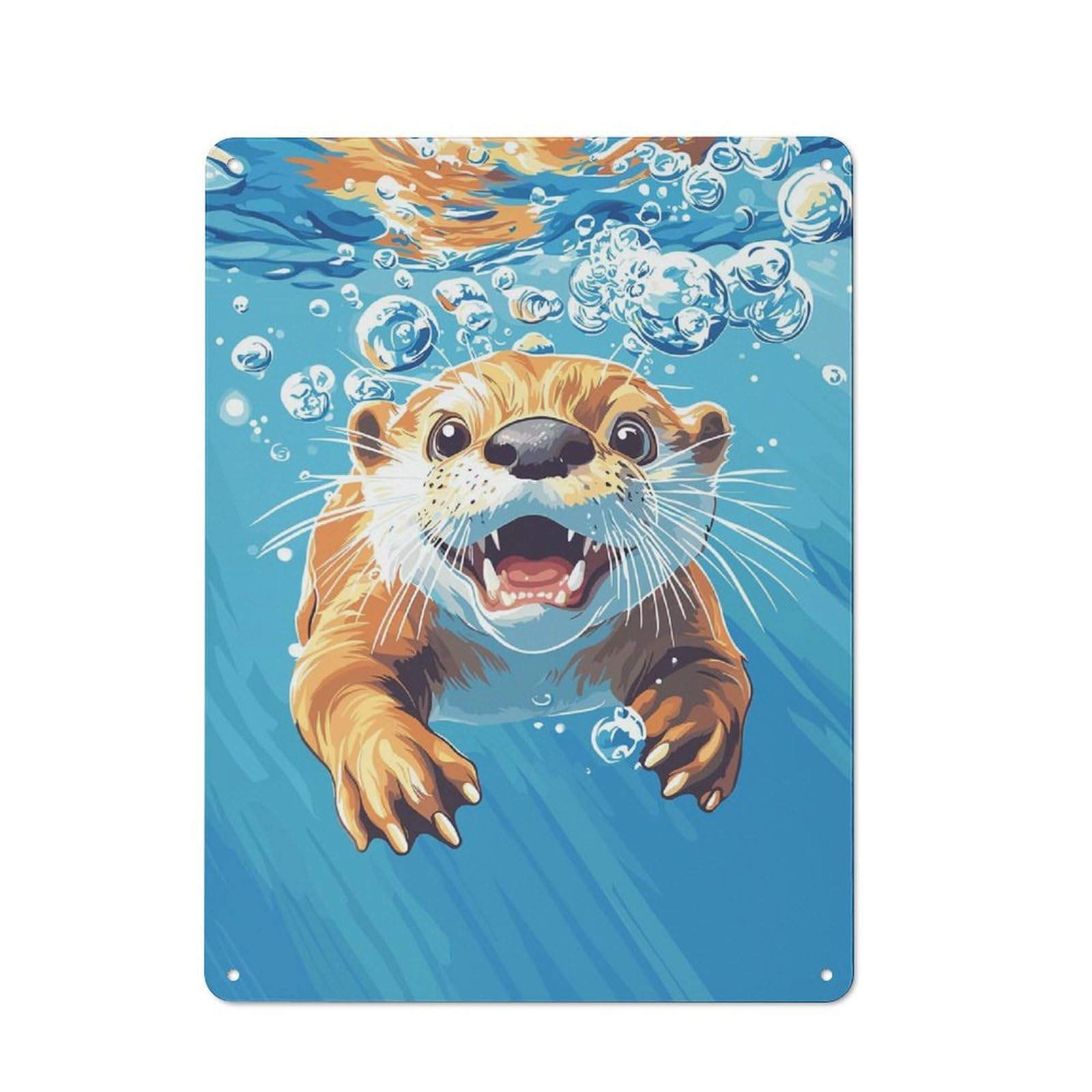 Junmoney Style-6 Tin Wall Plaque 40X30cm With Cartoon Otter Swimming Underwater With Bubbles For Home Office Or Studio, For Metal Sign Collectors, For Garage And Workshop Walls