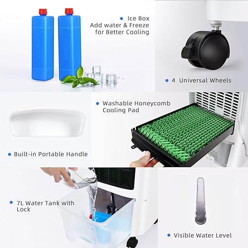 Miniatura 6 de ARLIME Enfriador de aire evaporativo, ventilador y humidificador portátil 3 en 1 sin ventanas, 3 velocidades de viento, 3 modos, pantalla LED,