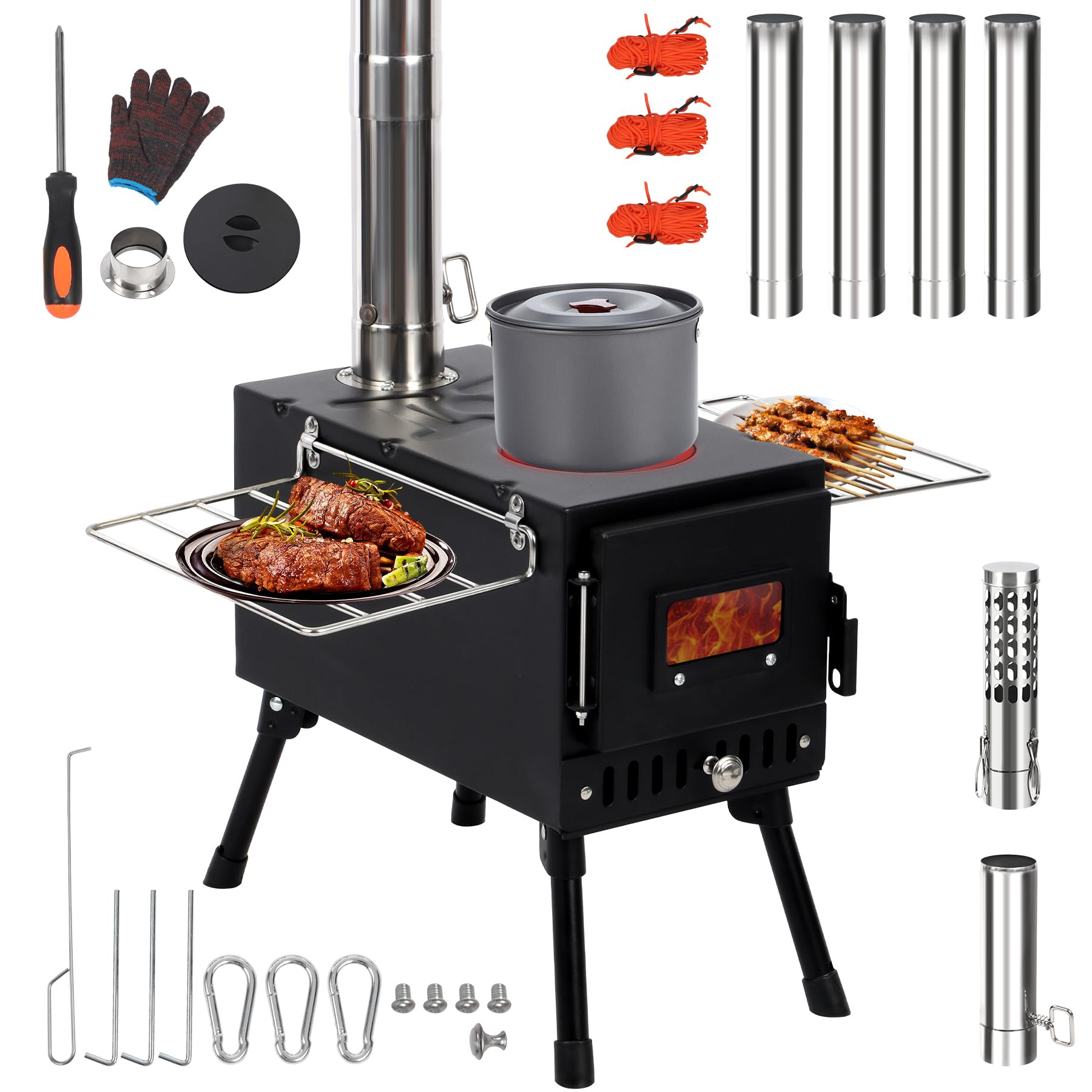 REDCAMP Camping Zelt Herd, Faltbarer Zelt Holz Brennofen, Tragbarer heißer Zelt Holzofen mit winddichtem Kamin für Outdoor Camping Kochen, schwarz