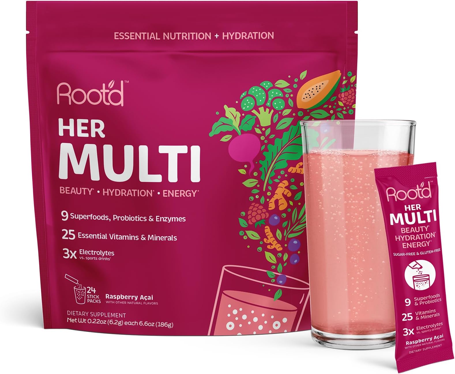 Root'd Multivitamin Powder with 3X Electrolytes for Women - 25 Vitamins & Minerals, 3X Electrolytes, 9 Organic Superfoods, Probiotics & Enzymes, Sugar-Free Multivitamin & Hydration | 24 Packets