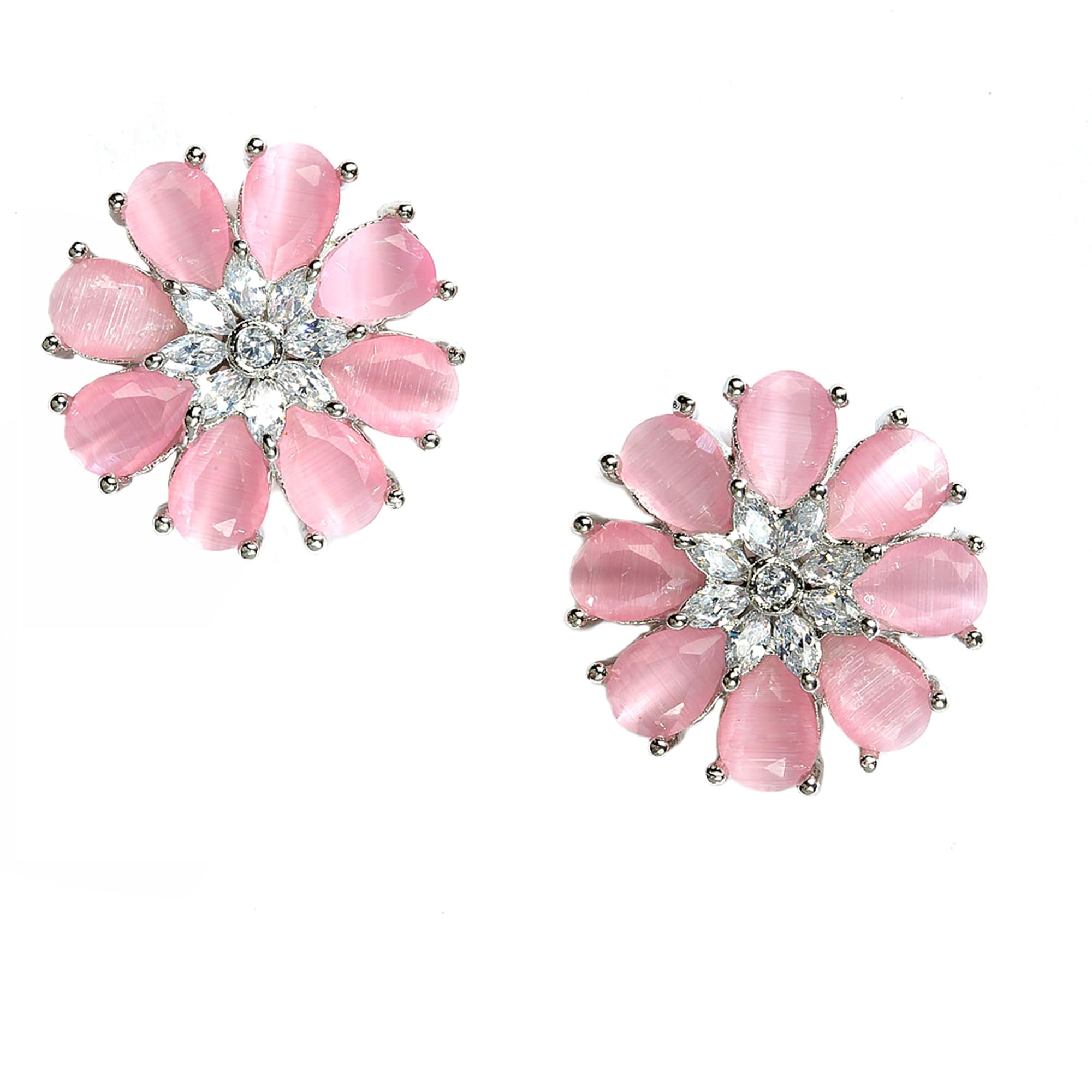 Zeneme Stud Rhodium Plated AD American Diamond Flower-Shaped Earrings Ear Studs Jewellery For Women and Girl (Pink) (B0B3F7KQK3) Amazon Price History, Amazon Price Tracker