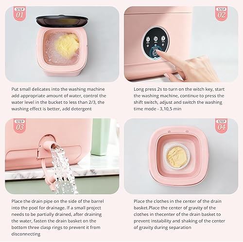 Miniatura 4 de Lavadora portátil rosa, mini lavadora, 16L mejorada con cesta giratoria, diseño plegable, ideal para apartamentos, lavadora portátil, 3 modos de