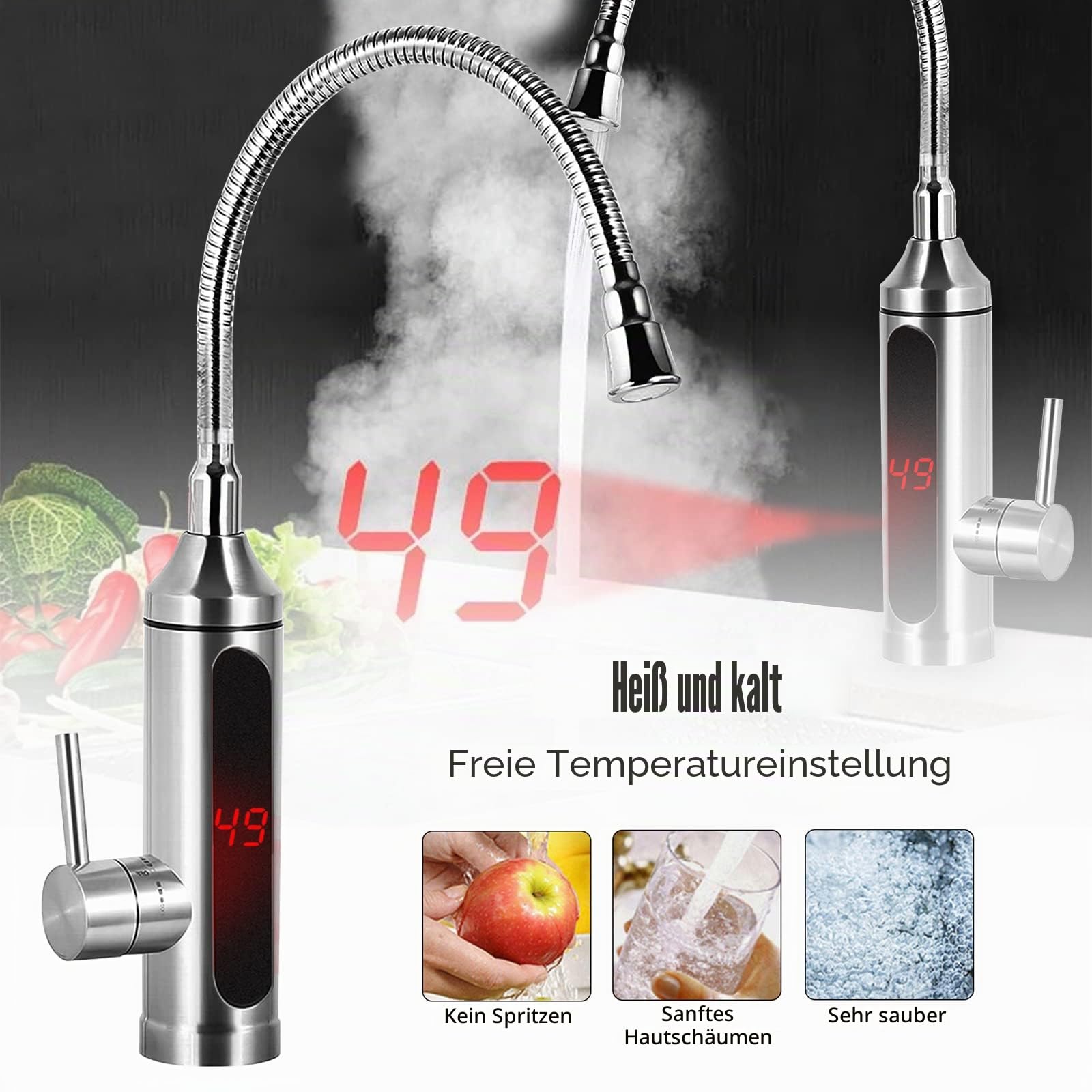 Elektrische Wasserhahn Edelstahl Armatur 3300W Sofortiger Warm KüChenarmatur Elektrischer Heizung Wasserhähnen, Mischbatterie mit Durchlauferhitzer-360° LED Temperaturanzeige Smart Heater Armatur