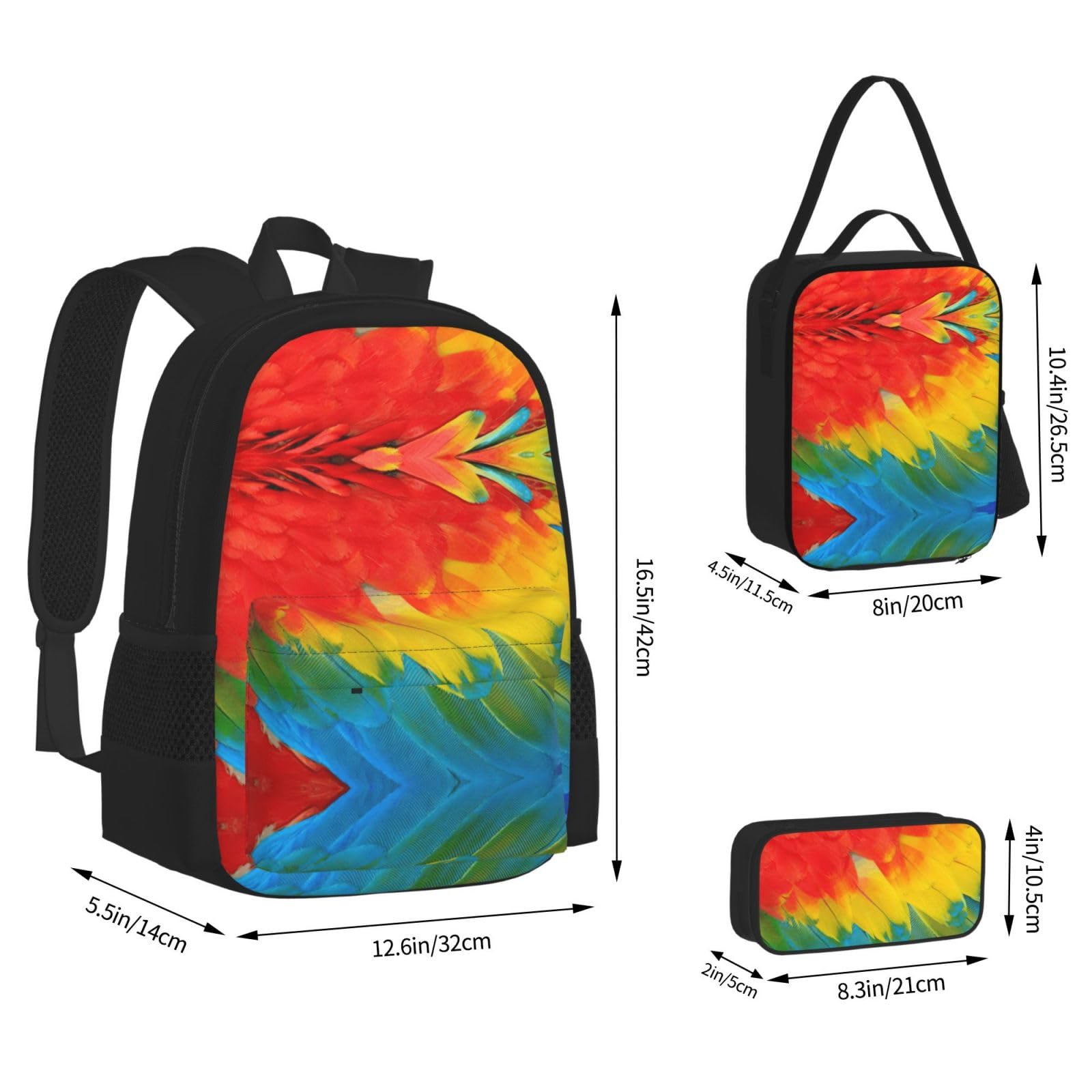 Juego de 3 mochilas escolares con estampado de plumas de loro, gran capacidad, resistente al agua, con bolsa de almuerzo aislada y estuche para lápices, para adolescentes de secundaria