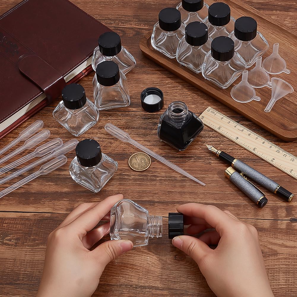 BENECREAT 12Pcs Heavy Duty Glass Ink Jars, 30ml/1.01oz Clear Empty Ink Bottles, Glass Bottles with Black Plastic Caps, With 6Pcs Plastic Droppers, 4Pcs Funnels 1.57x1.69x2.24inch