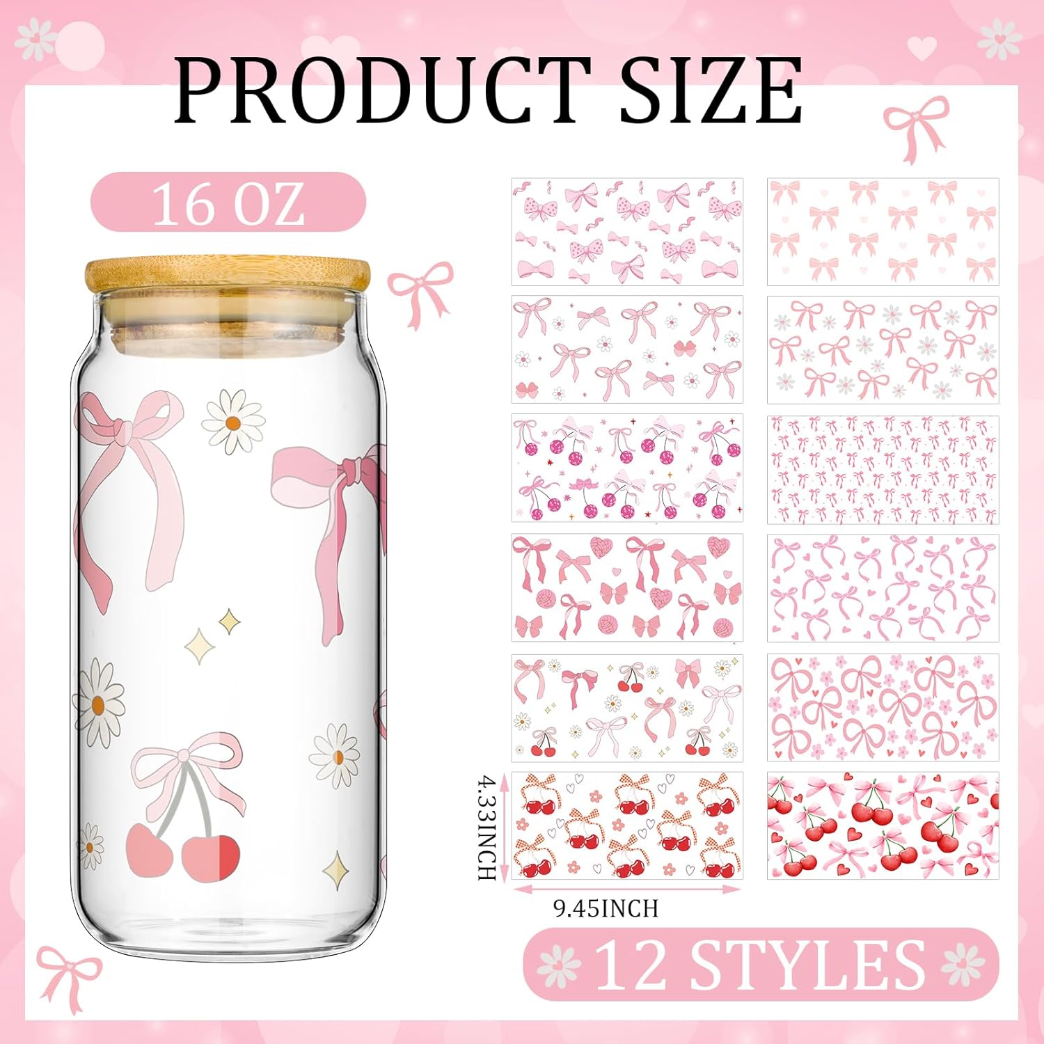 Glenmal 12 Sheets Coquette UV DTF Cup Wrap Stickers Pink Bow UV DTF Cup Wraps Transfer Stickers for DIY Craft Decorations for 16 oz Glass Water Bottle(Classic) thumbnail