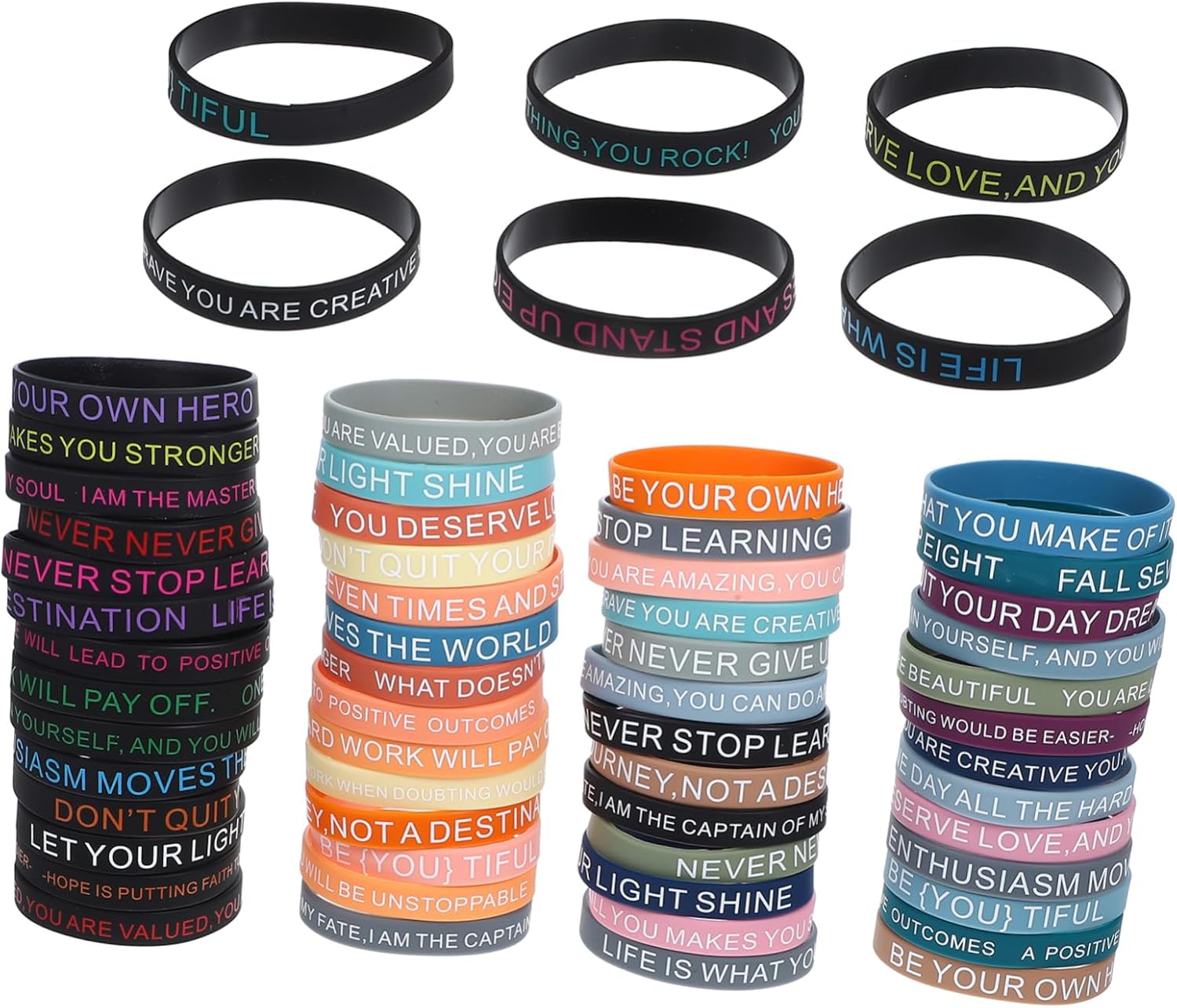 VANZACK 100pcs Elastic Silicone Wristband Straps Motivational Quotes Wristbands for Ages