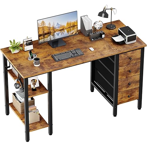 Lufeiya 47 inch Desk with 4 Drawers & Storage Shelves, Writing Work Study Computer Desk for Home Office Bedroom, Modern Simple Student PC Desks Table, Rustic Brown