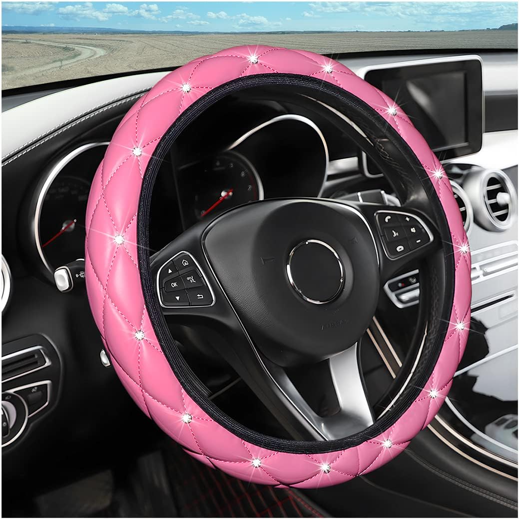 Diamond Soft Leather Steering Wheel Cover, 15 Inch Bling