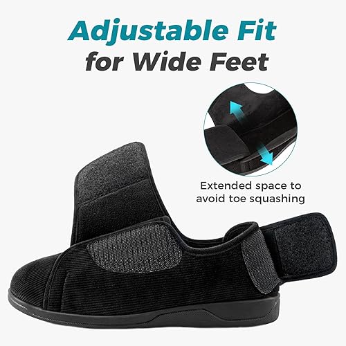 Miniatura 3 de HomeTop Pantuflas de pana para hombre, cómodas, ajustables, con velcro y espuma viscoelástica, anchas, para interiores y pies hinchados con diabetes