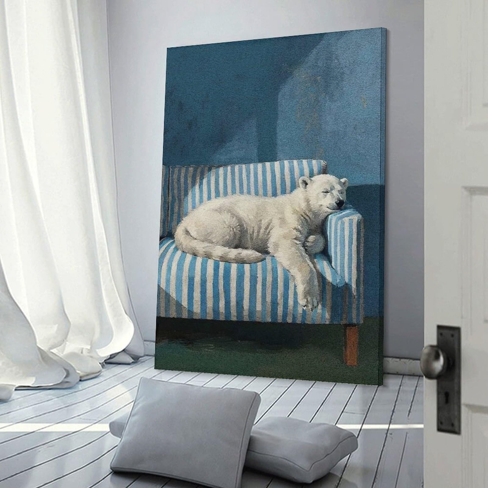 Junmoney Sleeping Polar Bear on Striped Couch Canvas Art Print 24x36inch(60x90cm), for Gallery Wall Layouts in Home Or Office, Decorative Artwork with Flexible Styling