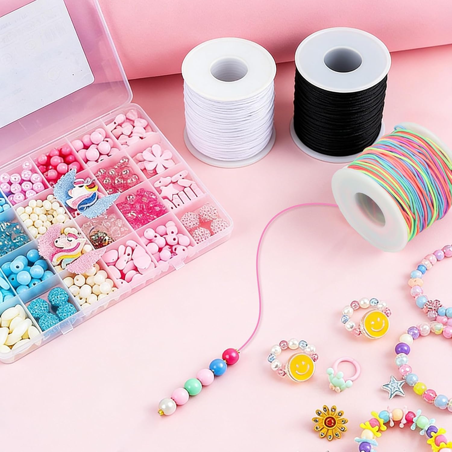 Stretchy Bracelet String 4 Rolls 660FT Elastic String for Bracelet DIY Crafts, 1mm Stretchy Cord for Jewelry Making Sewing Necklace Beading, (Black, White, Rainbow*2) - Image 2