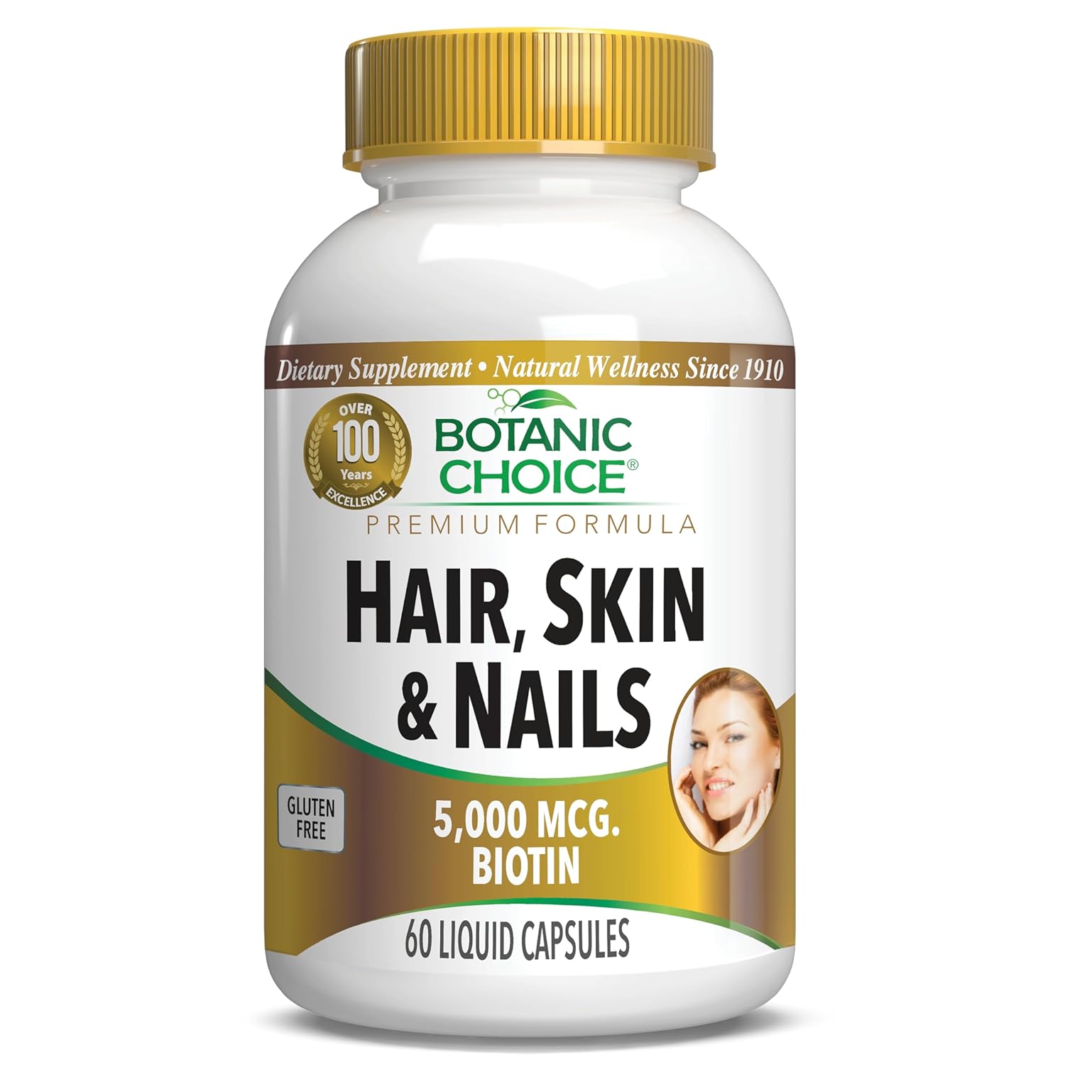 Vitaminas Botanic Choice para Cabelo, Pele e Unhas - Suplemento de Biotina com Colágeno, Vitamina C e Ferro - Mistura Super Antioxidante com Óleo de Argan e Ácido Hialurônico - 60 Cápsulas Líquidas