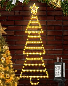 4.4 FT LED Christmas Tree Shaped Ladder Lights with Star, Plug-in Waterproof 8 Modes Christmas Window Hanging Lights for Indoor Outdoor Wall Door Xmas Decor