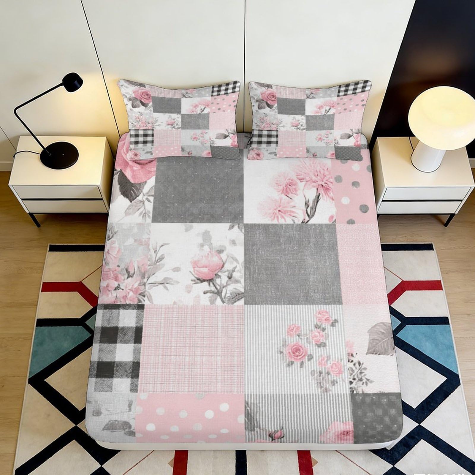 3D Printed Floral Patchwork Fitted Sheet Microfiber Soft Pink Grey Checkered Mattress Cover Bedroom Decor 90x200x25cm