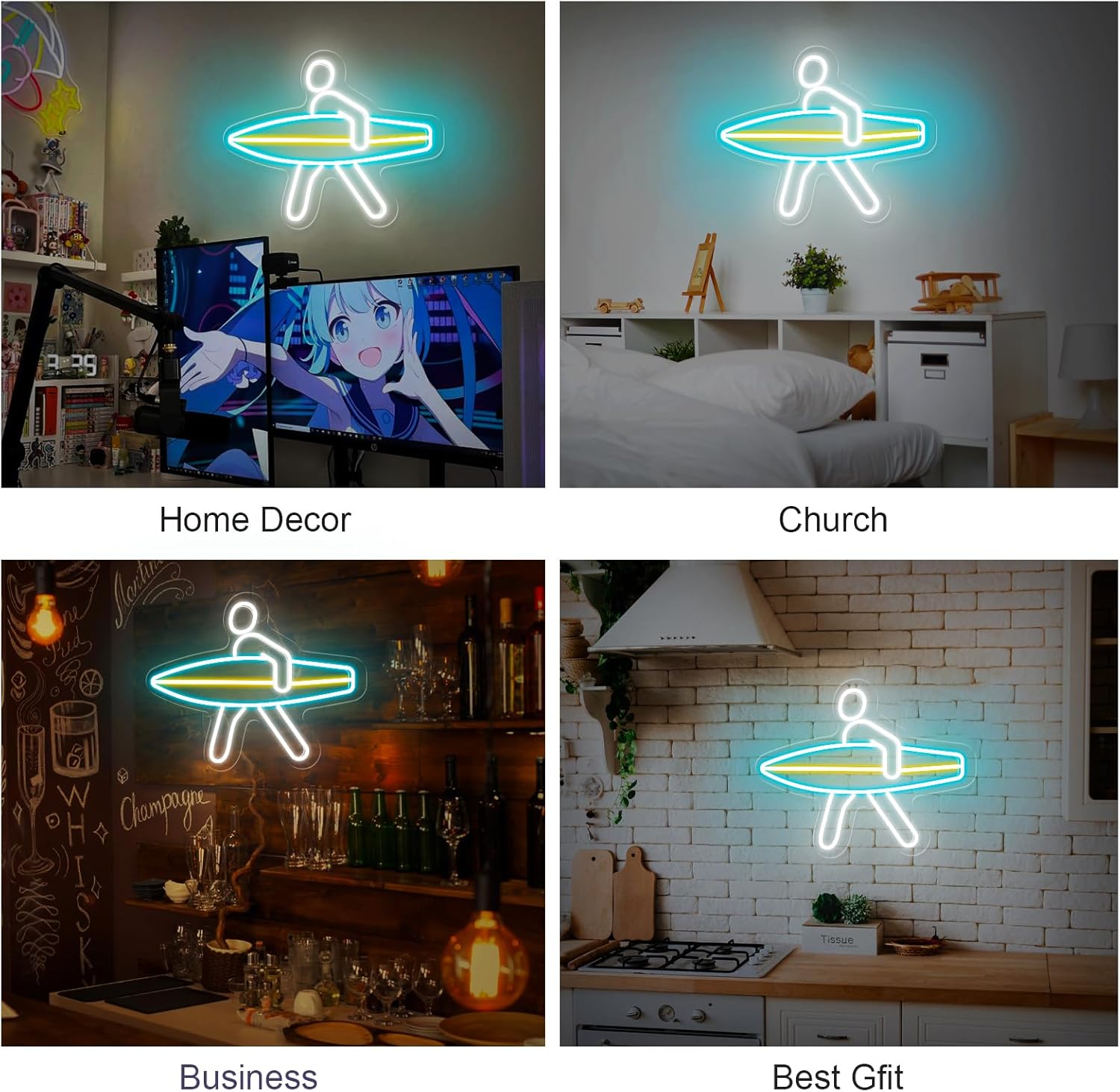 Surfer LED Neon Sign Surf Neon Lights for Bedroom Wall Decor, 15'' Surfboard Art Gifts Lights Acrylic Anime Signs, Dimmable Lamp for Kids Room Christmas Birthday Party Hanging Decoration