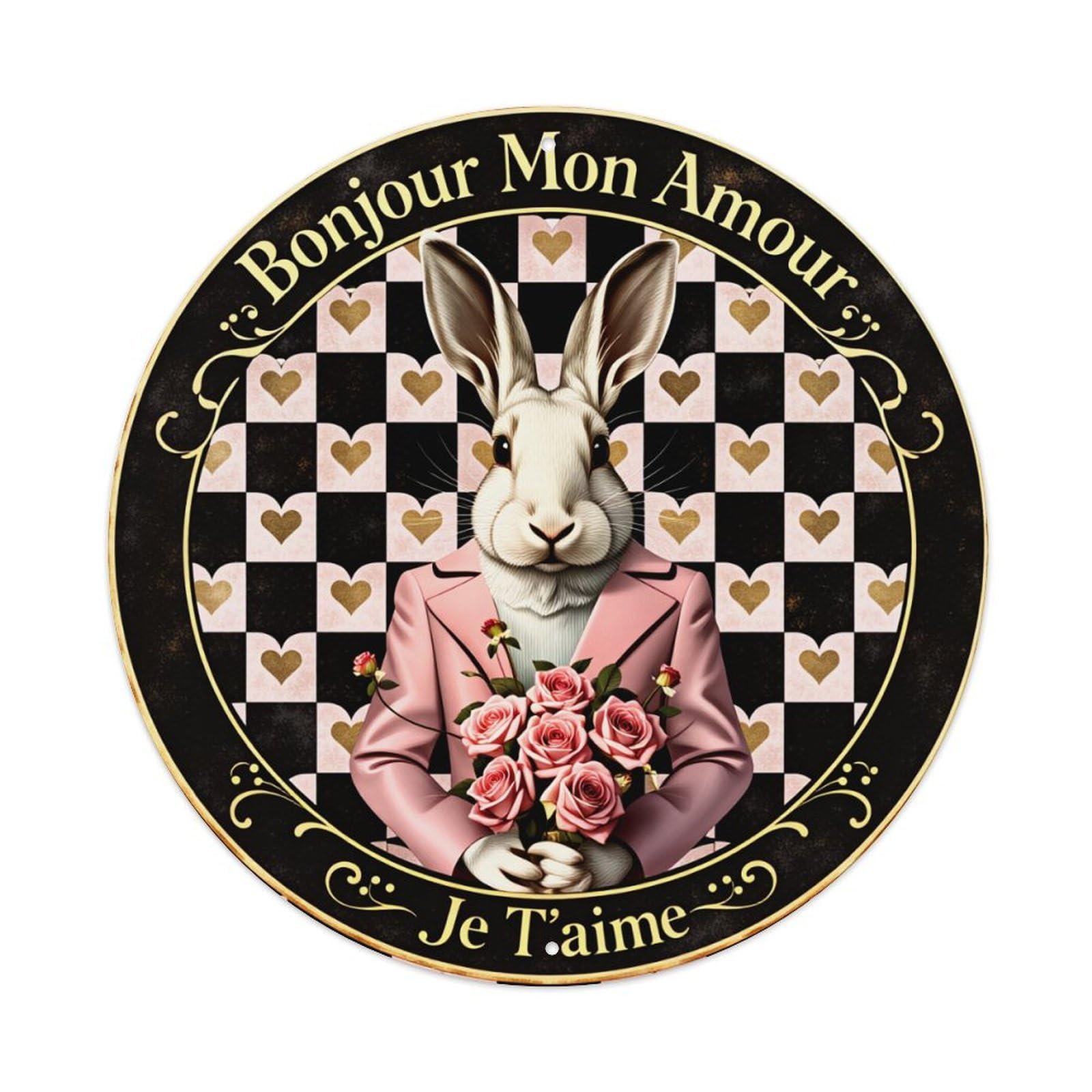 Rabbit In Pink Suit Holding Roses On Checkered Background Round Vintage Tin Sign,Retro Wall Art,Metal Poster for Home, Bar, Garage, Cafe, Rustic Indoor & Outdoor Decor, 8x8 Inches